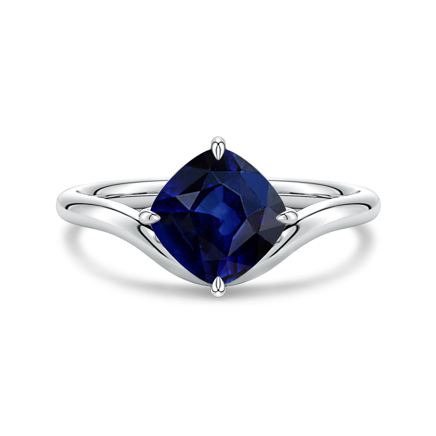 7mm AAA Solitaire Cushion Blue Sapphire Curved Shank Engagement Ring in 18K White Gold