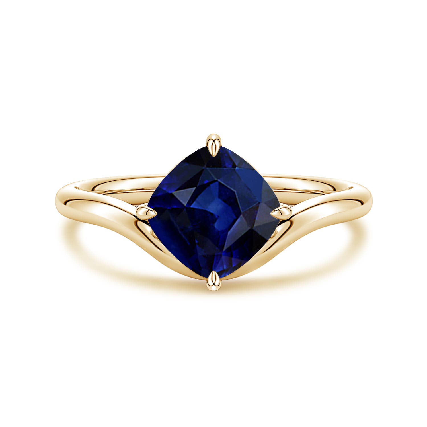 7mm AAA Solitaire Cushion Blue Sapphire Curved Shank Engagement Ring in Yellow Gold