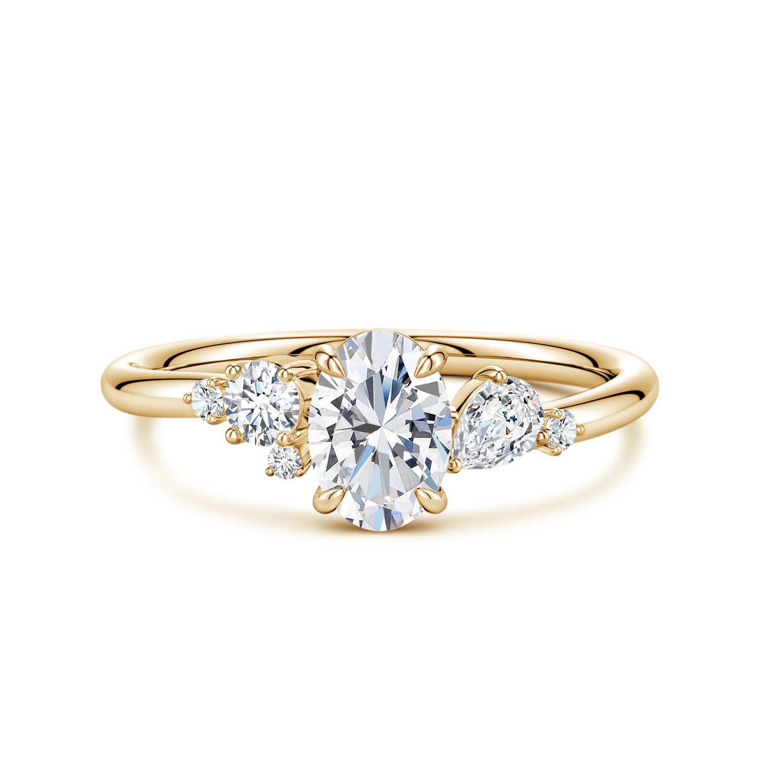 7x5mm GVS2 Claw Prong Oval Diamond Engagement Ring with Multi-Shape Accents in Yellow Gold