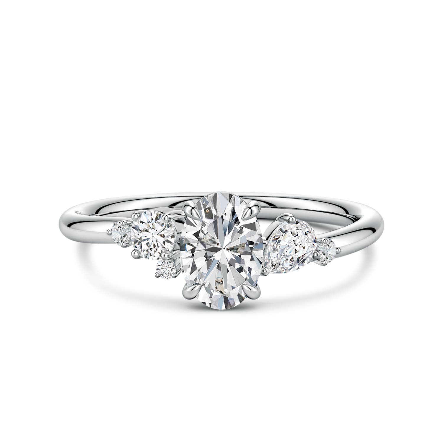 7x5mm HSI2 Claw Prong Oval Diamond Engagement Ring with Multi-Shape Accents in 18CT White Gold