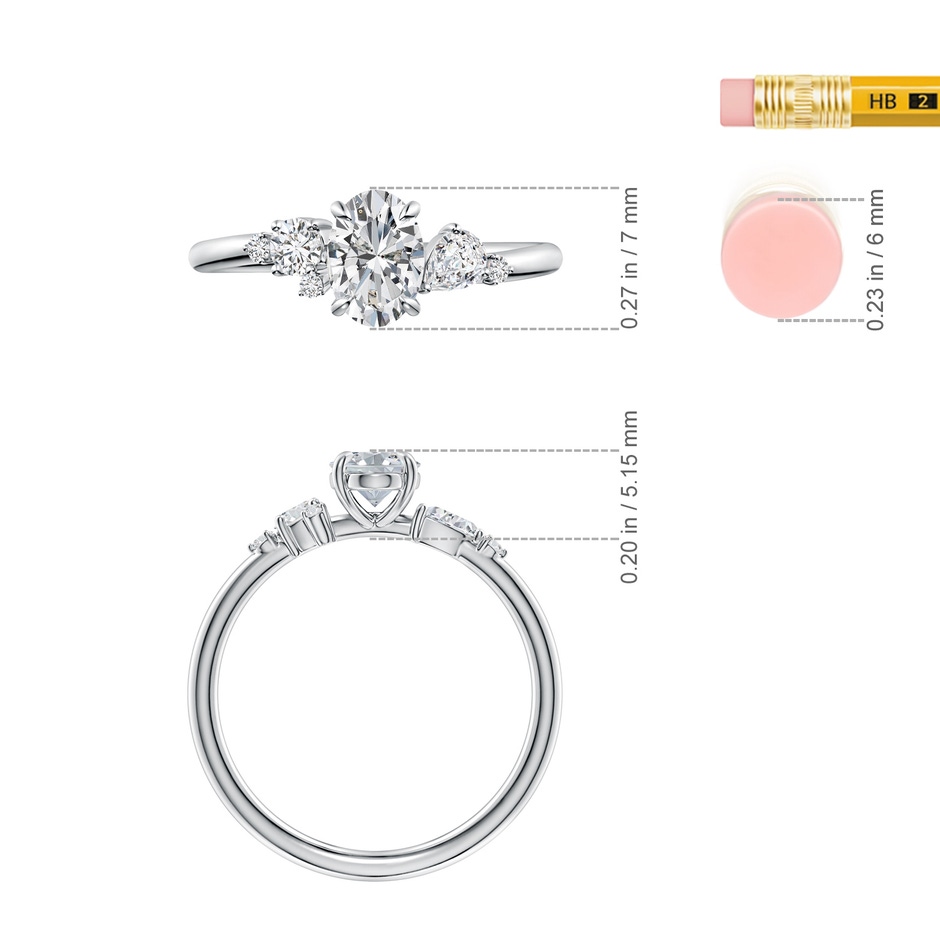 7x5mm HSI2 Claw Prong Oval Diamond Engagement Ring with Multi-Shape Accents in White Gold ruler