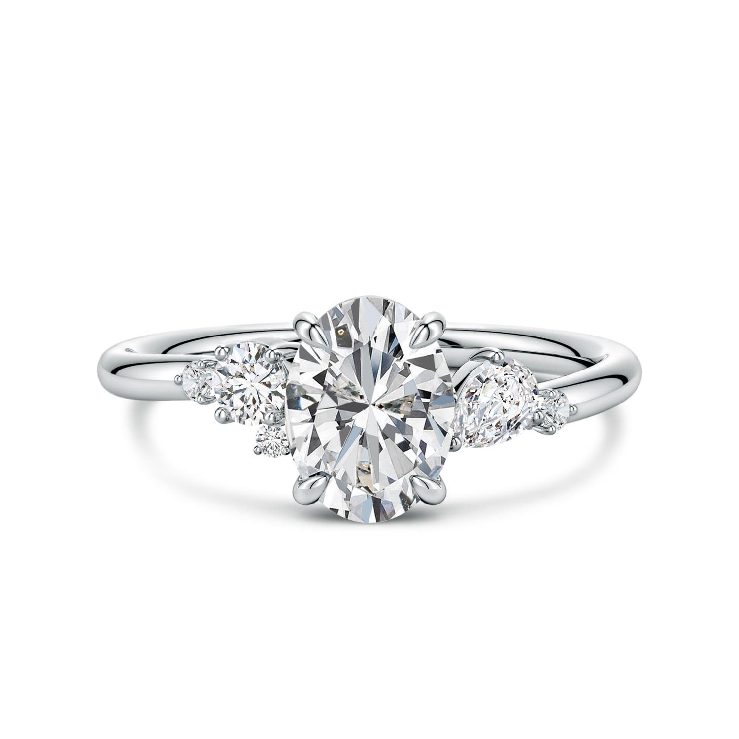 8x6mm HSI2 Claw Prong Oval Diamond Engagement Ring with Multi-Shape Accents in 18K White Gold