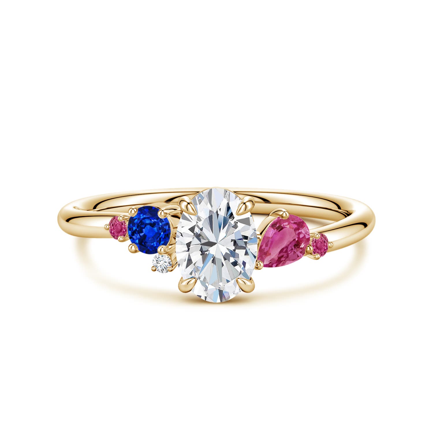 7x5mm GVS2 Oval Diamond Engagement Ring with Multi-Shape Sapphire Accents in Yellow Gold
