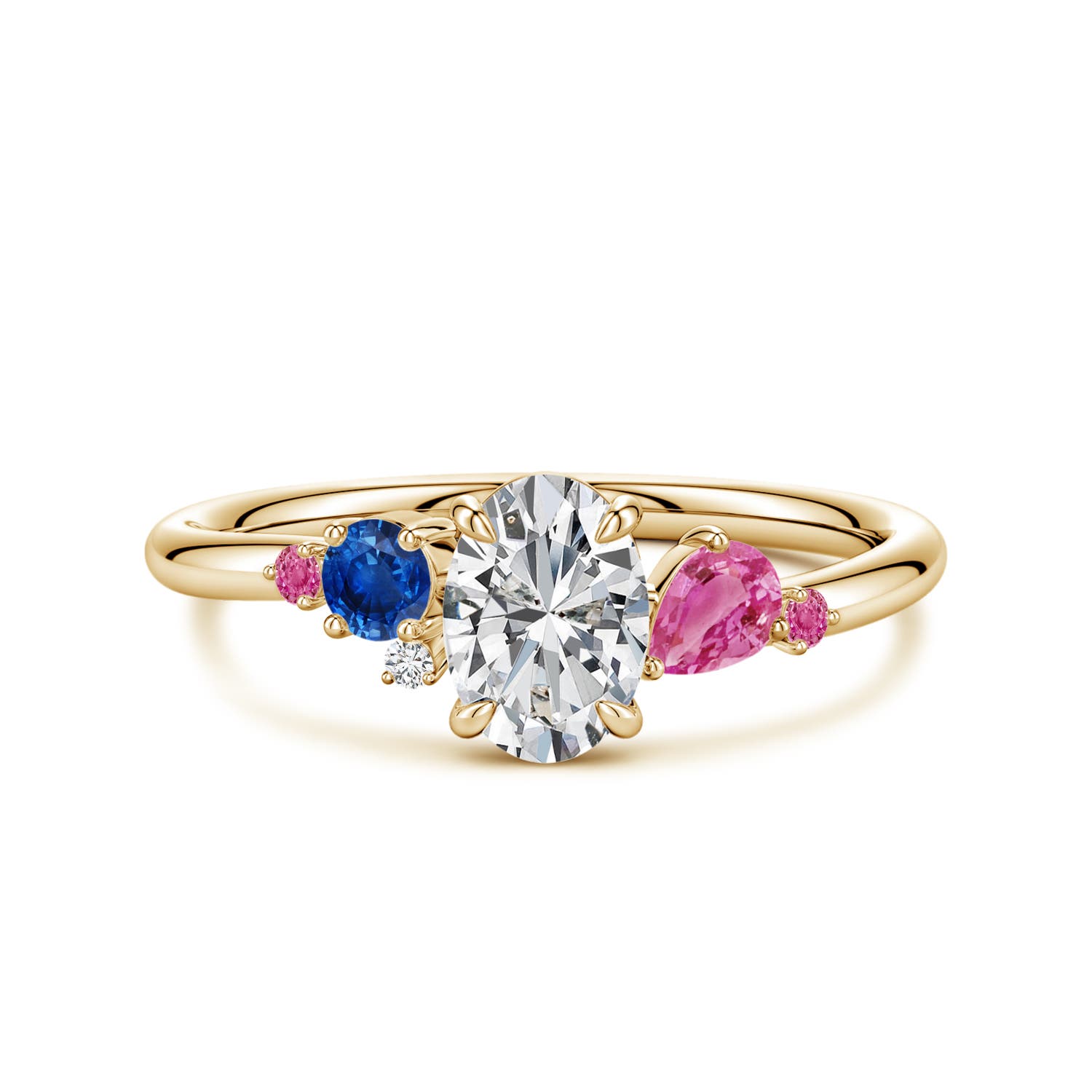 7x5mm HSI2 Oval Diamond Engagement Ring with Multi-Shape Sapphire Accents in Yellow Gold