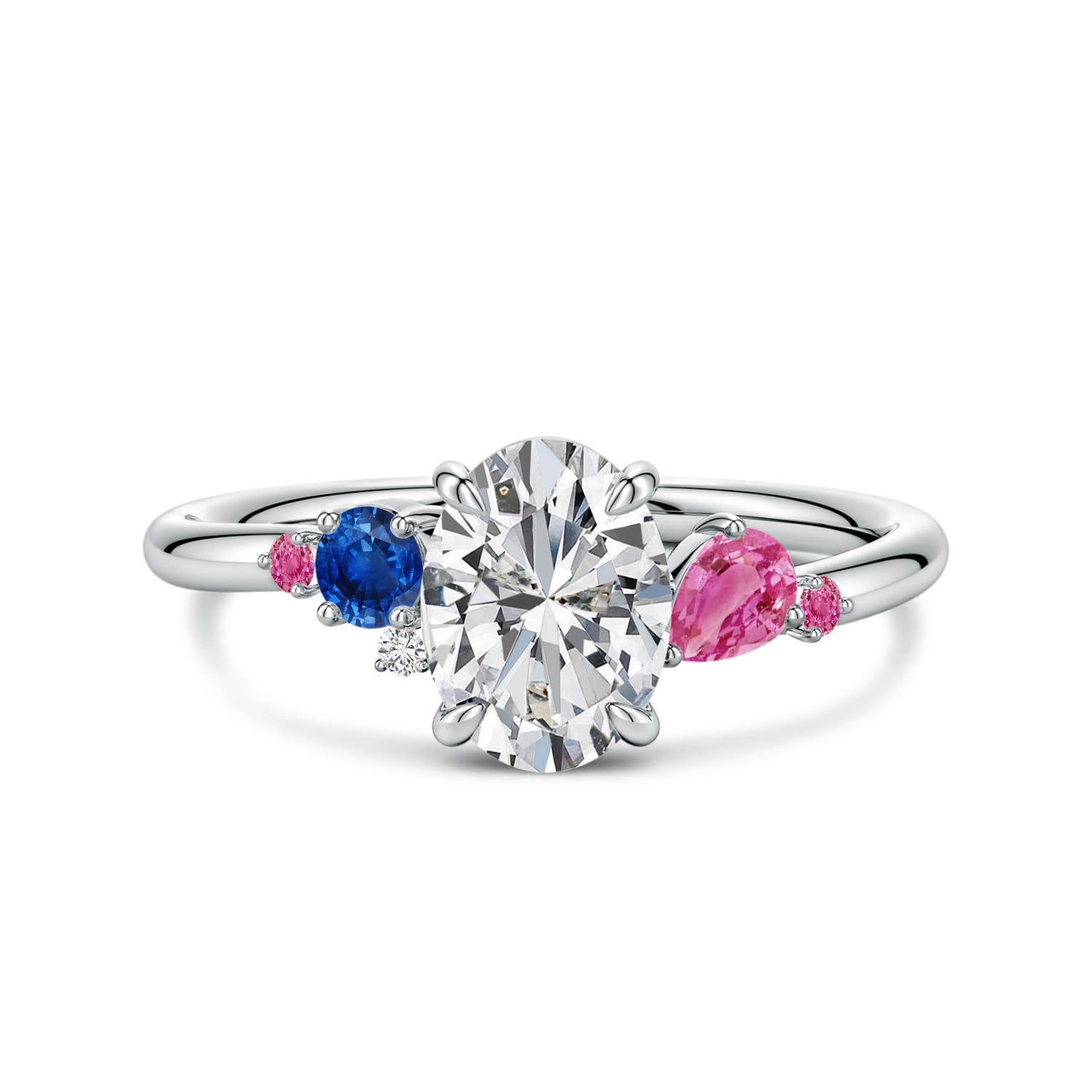 8x6mm HSI2 Oval Diamond Engagement Ring with Multi-Shape Sapphire Accents in 18K White Gold