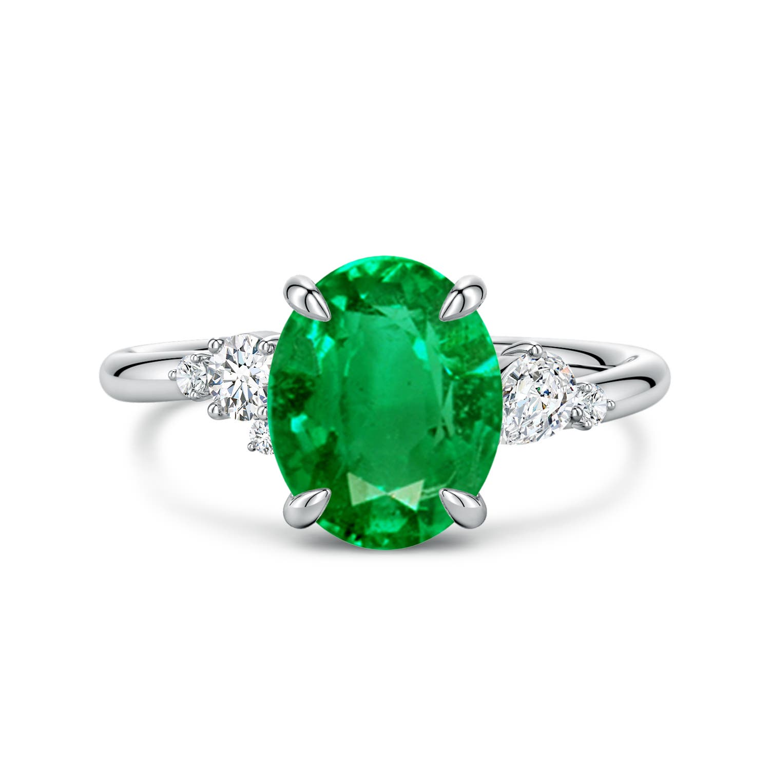 10x8mm AAA Claw Prong Oval Emerald Engagement Ring with Multi-Shape Diamonds in White Gold