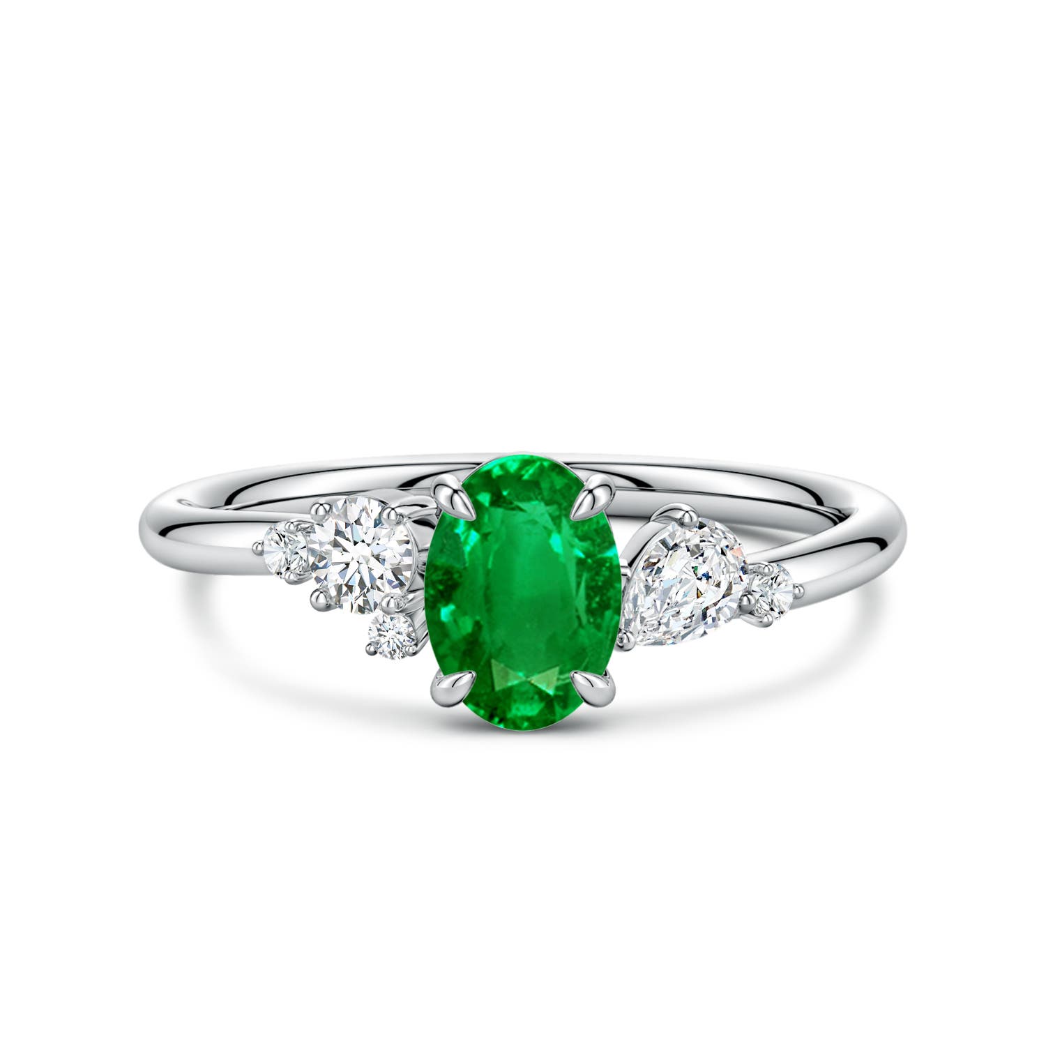 7x5mm AAAA Claw Prong Oval Emerald Engagement Ring with Multi-Shape Diamonds in White Gold