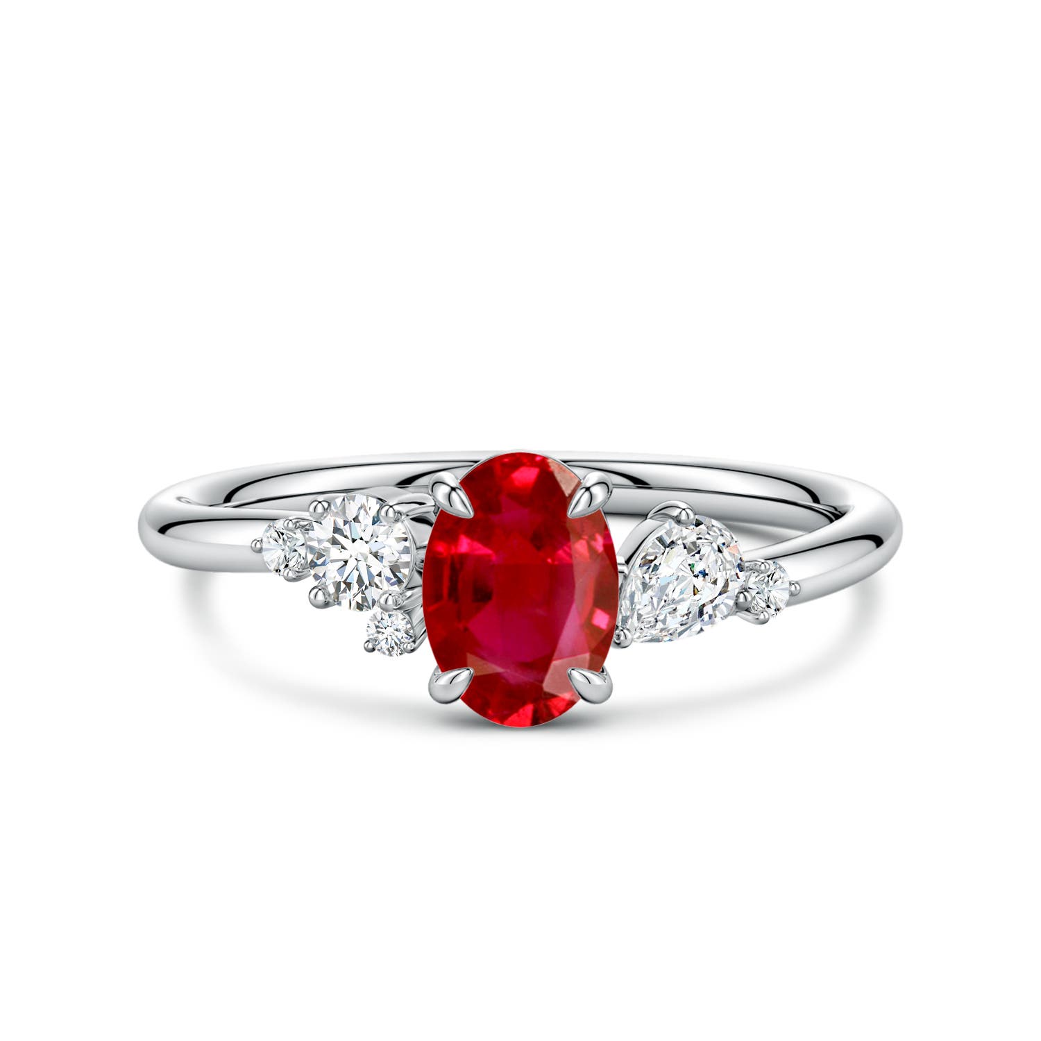 7x5mm AAA Claw Prong Oval Ruby Engagement Ring with Multi-Shape Diamonds in 18CT White Gold