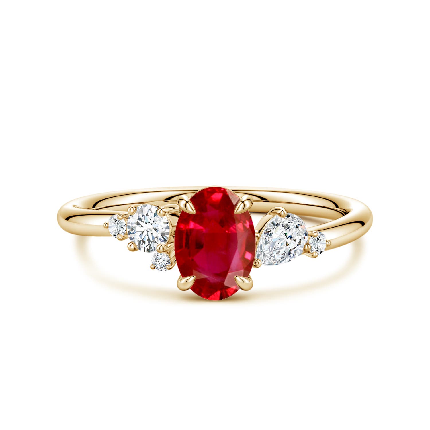 7x5mm AAA Claw Prong Oval Ruby Engagement Ring with Multi-Shape Diamonds in Yellow Gold