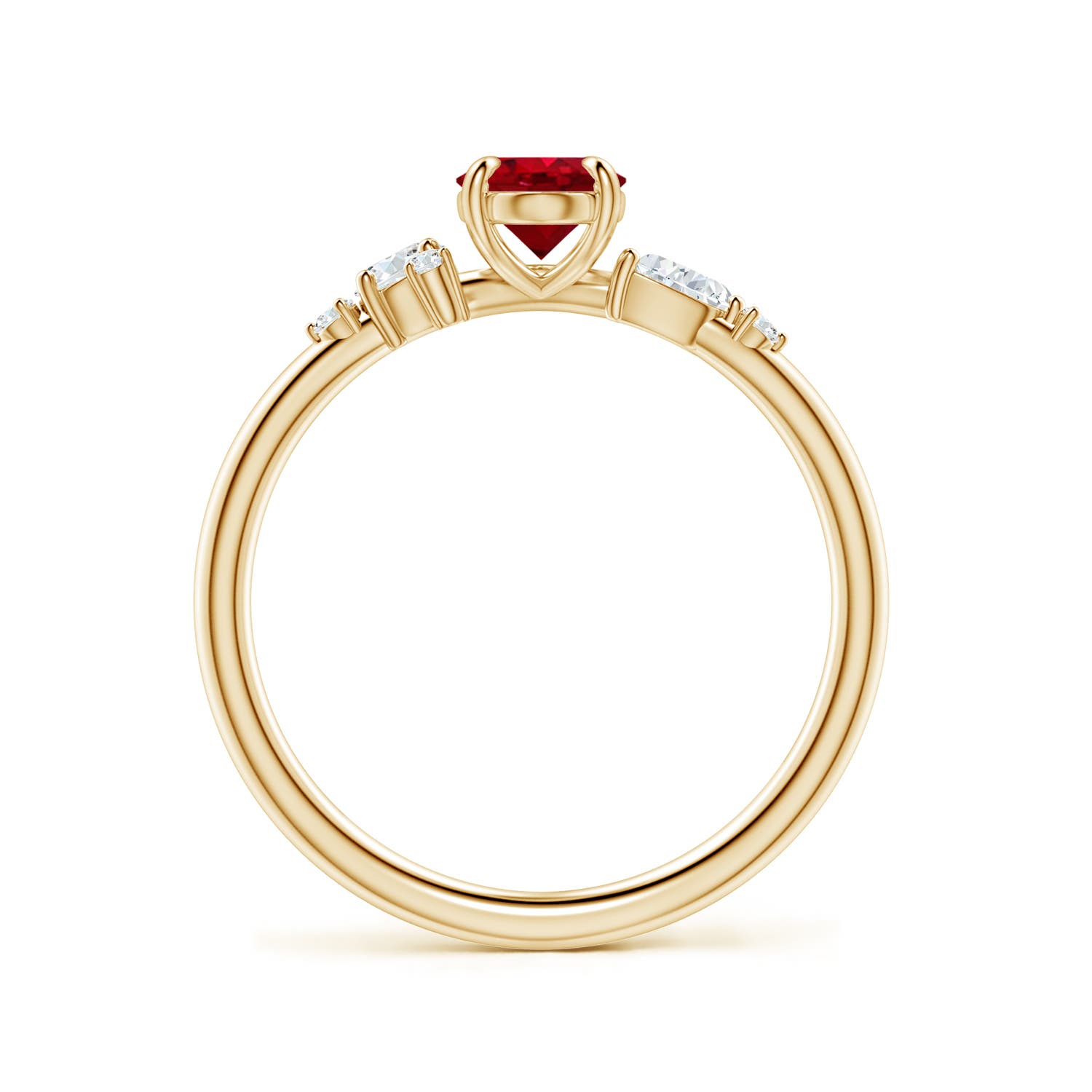 7x5mm AAA Claw Prong Oval Ruby Engagement Ring with Multi-Shape Diamonds in Yellow Gold