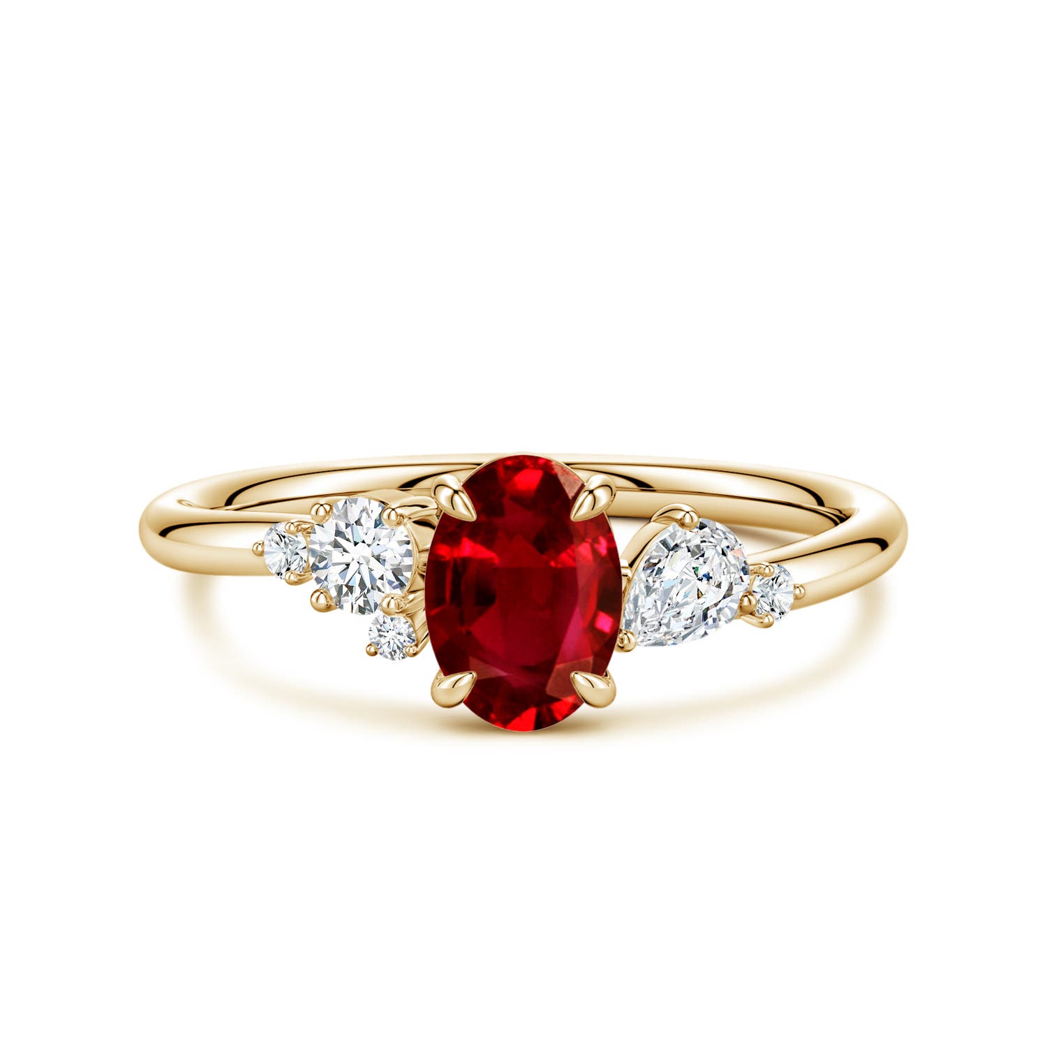 7x5mm AAAA Claw Prong Oval Ruby Engagement Ring with Multi-Shape Diamonds in Yellow Gold