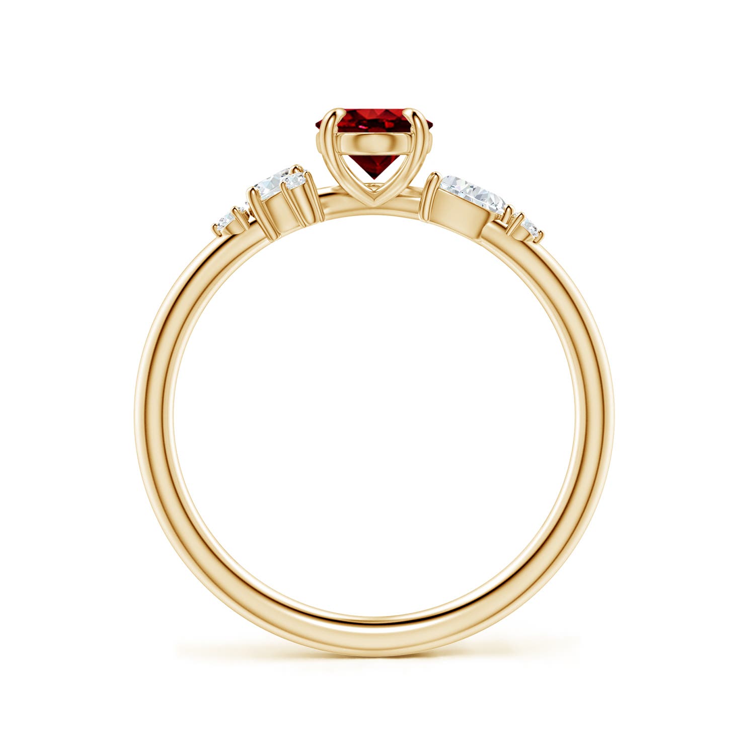 7x5mm AAAA Claw Prong Oval Ruby Engagement Ring with Multi-Shape Diamonds in Yellow Gold