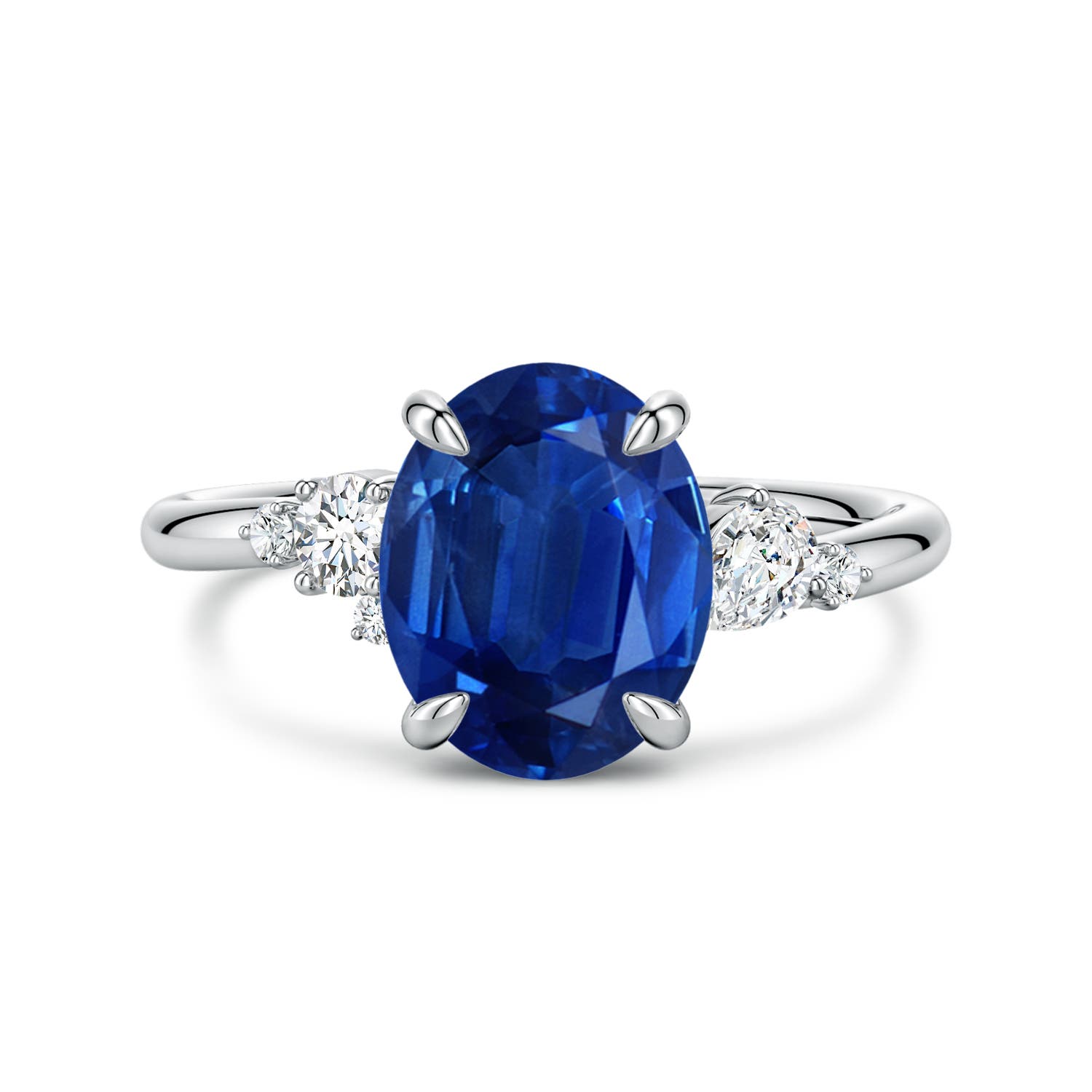 10x8mm AAA Claw Prong Oval Blue Sapphire Engagement Ring with Multi-Shape Diamonds in White Gold