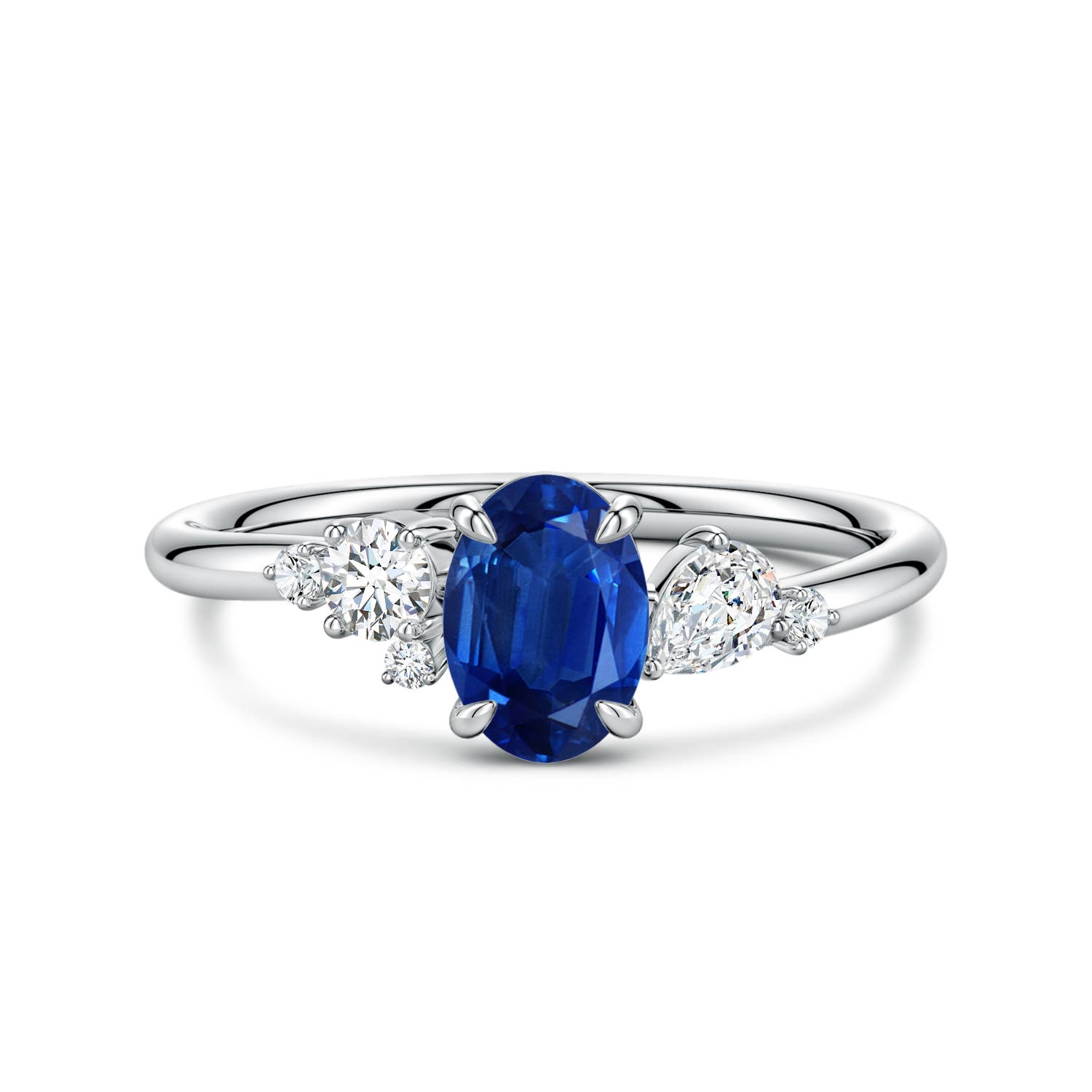 7x5mm AAA Claw Prong Oval Blue Sapphire Engagement Ring with Multi-Shape Diamonds in P950 Platinum