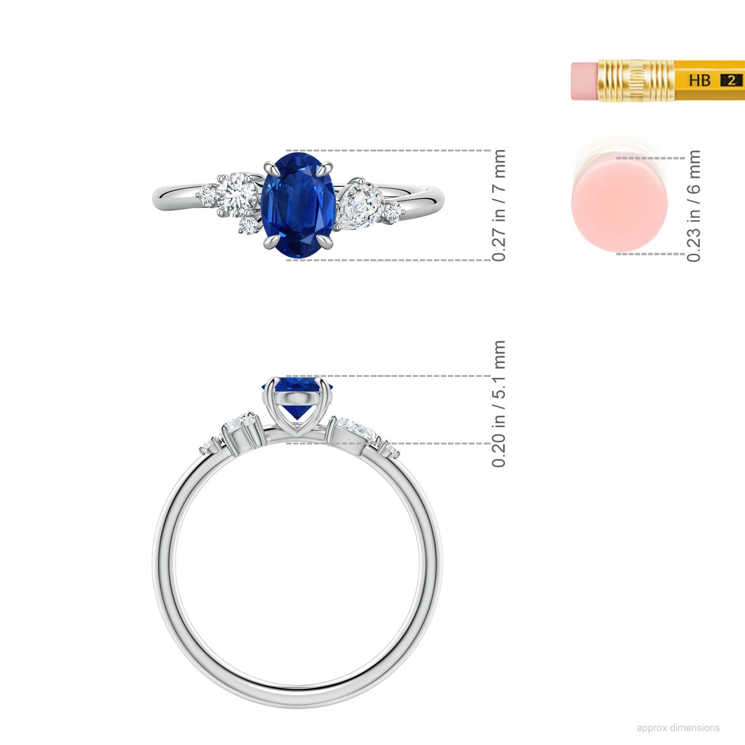 7x5mm AAA Claw Prong Oval Blue Sapphire Engagement Ring with Multi-Shape Diamonds in White Gold - ruler