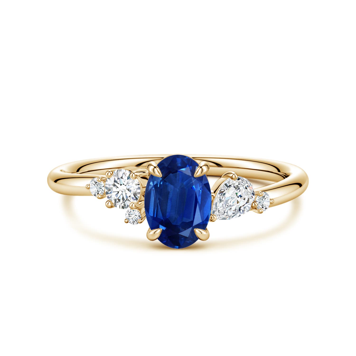 7x5mm AAA Claw Prong Oval Blue Sapphire Engagement Ring with Multi-Shape Diamonds in Yellow Gold