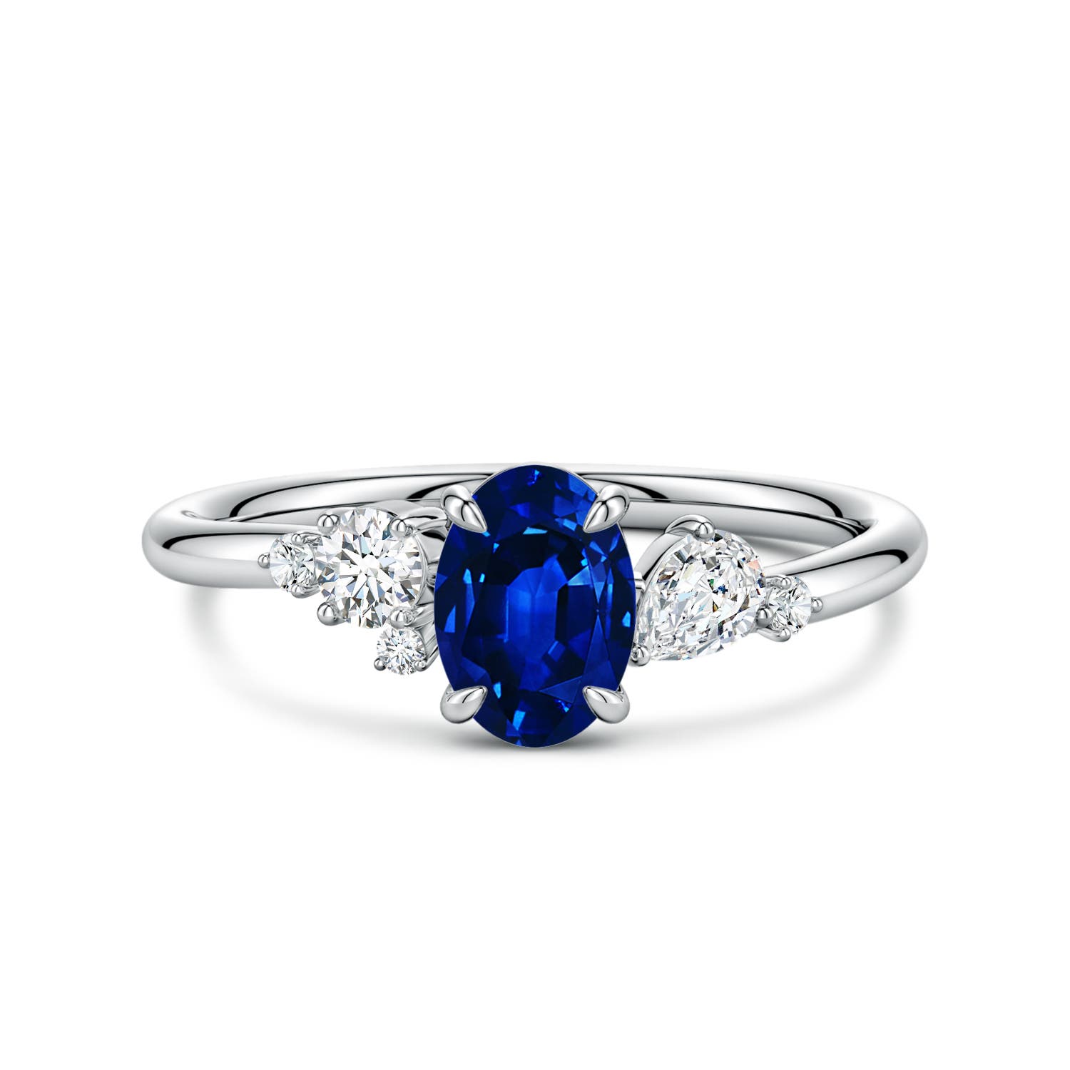 7x5mm AAAA Claw Prong Oval Blue Sapphire Engagement Ring with Multi-Shape Diamonds in White Gold