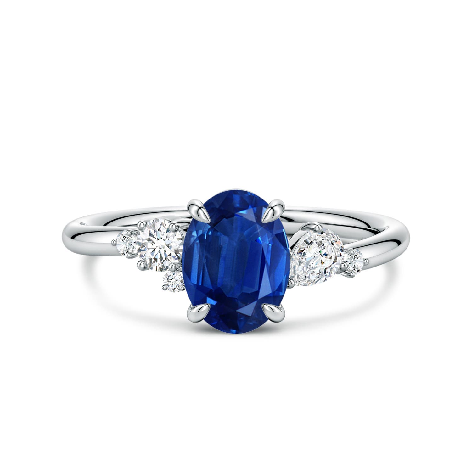 8x6mm AAA Claw Prong Oval Blue Sapphire Engagement Ring with Multi-Shape Diamonds in White Gold