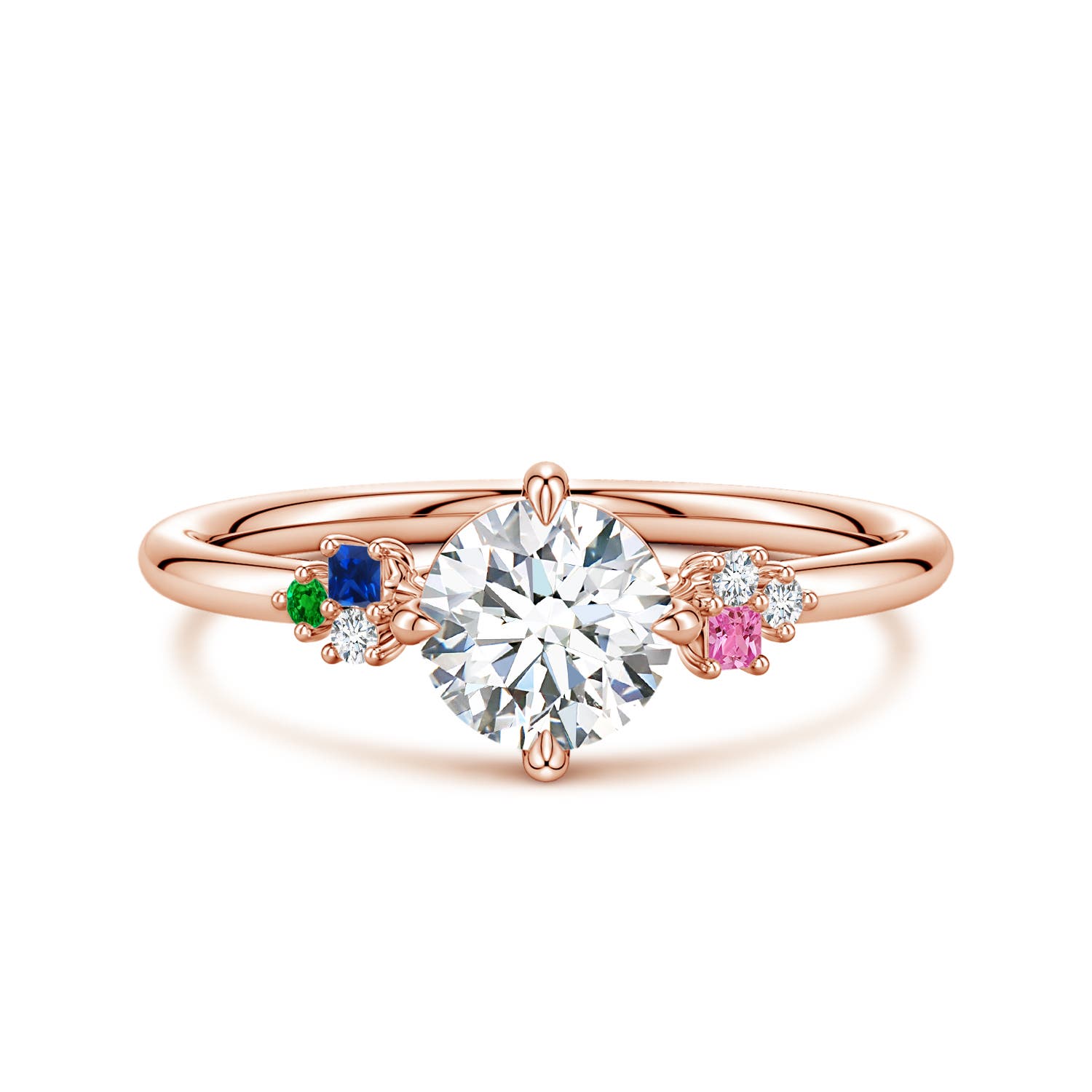 6mm GVS2 Round Diamond Engagement Ring with Coloured Gemstone Accents in Rose Gold