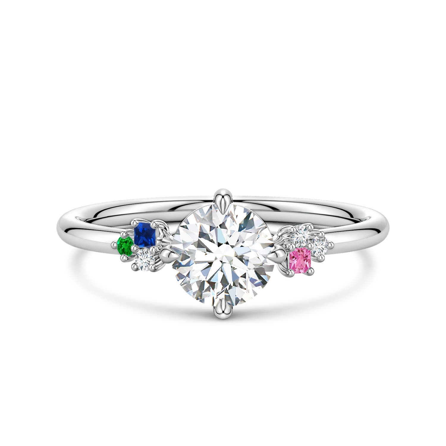 6mm GVS2 Round Diamond Engagement Ring with Colored Gemstone Accents in White Gold