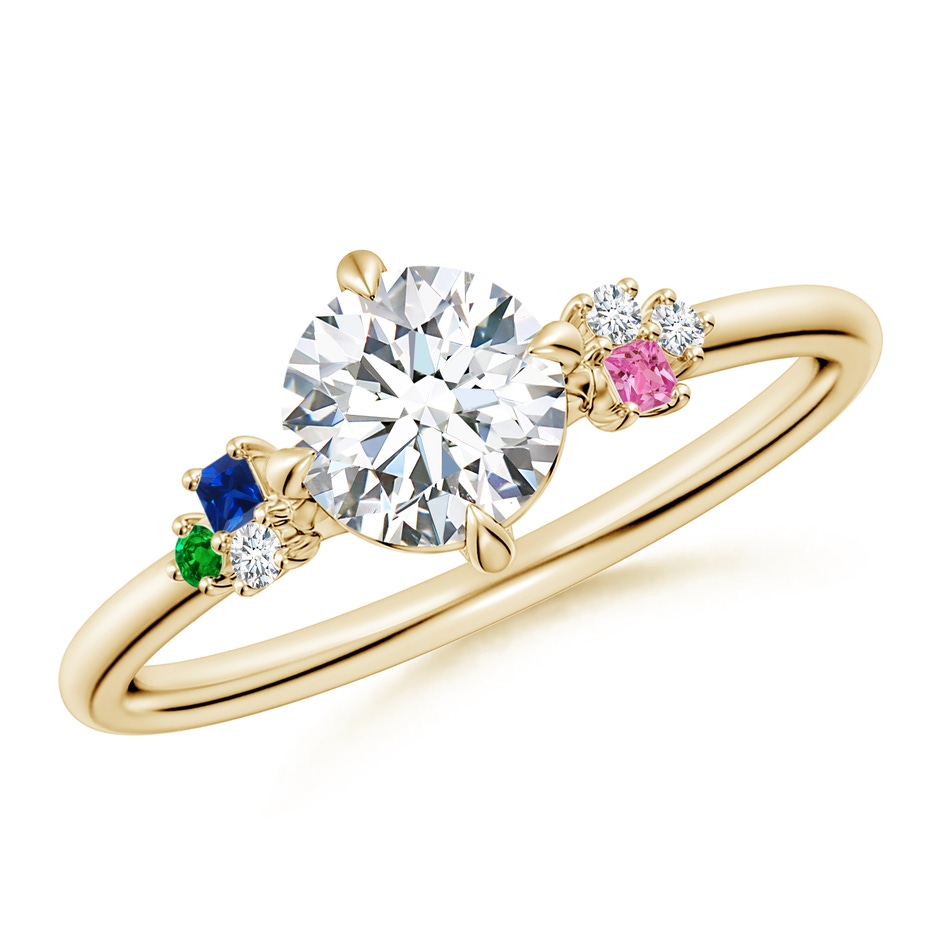 6mm GVS2 Round Diamond Engagement Ring with Colored Gemstone Accents in Yellow Gold 