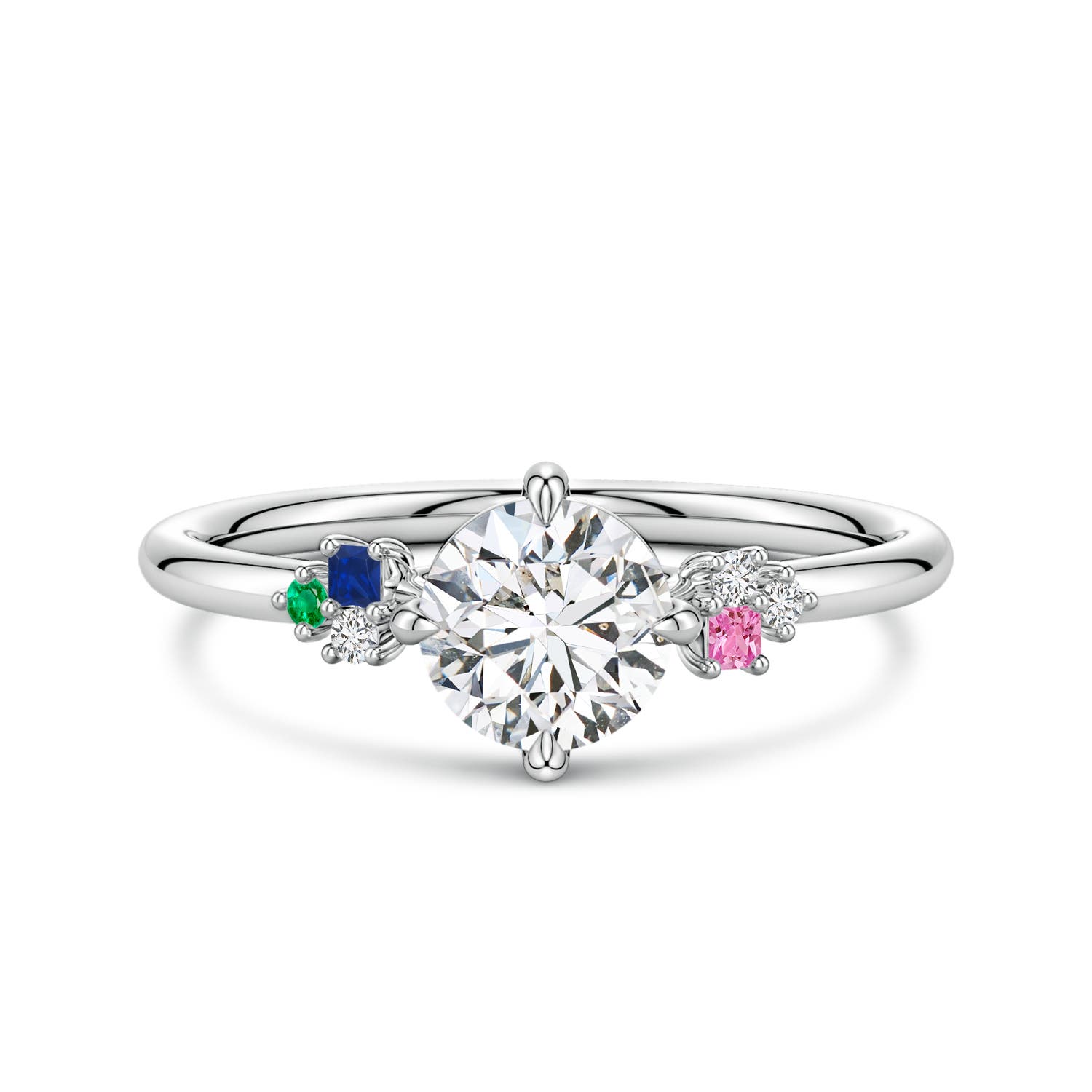 6mm HSI2 Round Diamond Engagement Ring with Colored Gemstone Accents in 18K White Gold