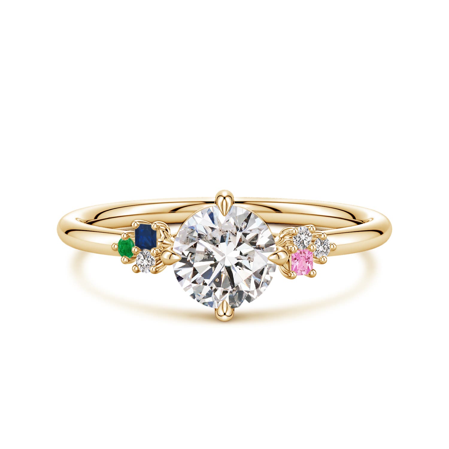 6mm IJI1I2 Round Diamond Engagement Ring with Coloured Gemstone Accents in Yellow Gold