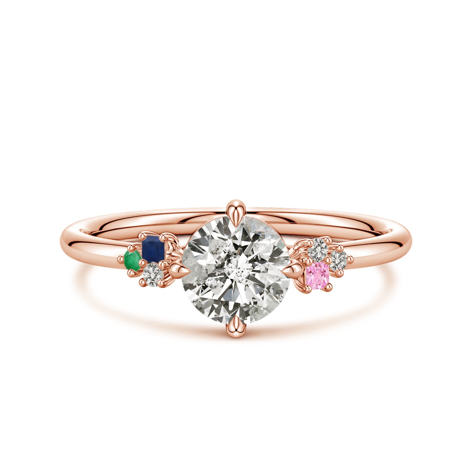 6mm KI3 Round Diamond Engagement Ring with Colored Gemstone Accents in Rose Gold