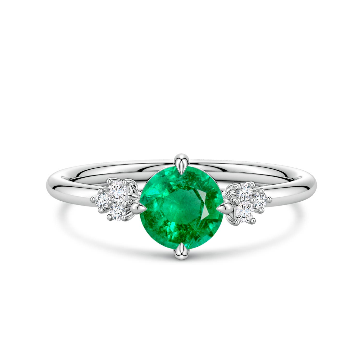 6mm AAA Round Emerald Engagement Ring with Mixed Cut Diamonds in 18K White Gold