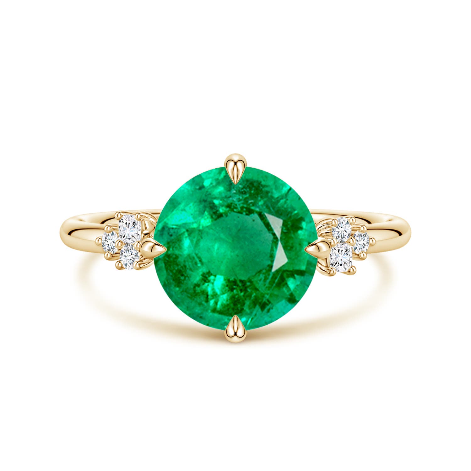 9mm AAA Round Emerald Engagement Ring with Mixed Cut Diamonds in Yellow Gold