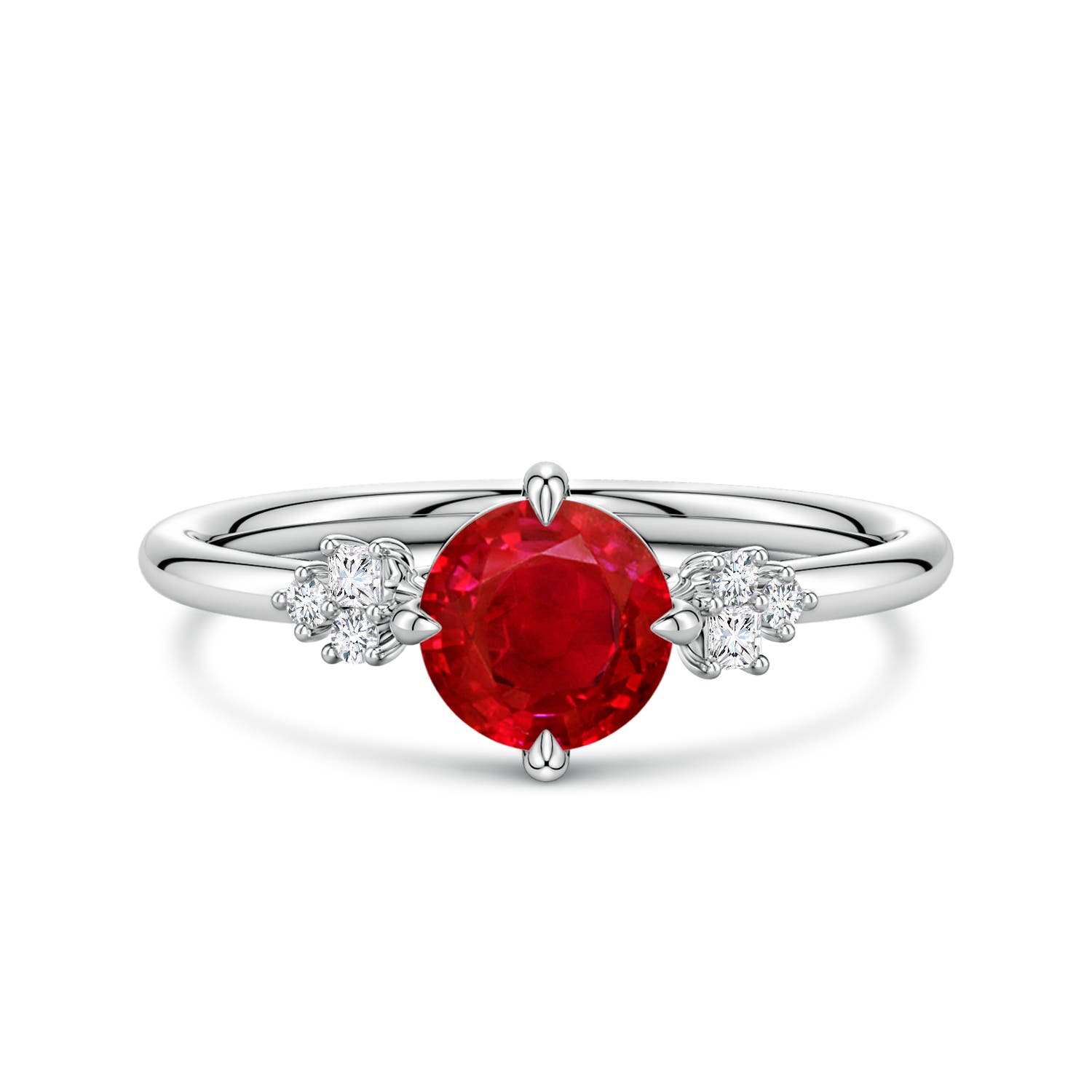 6mm AAA Round Ruby Engagement Ring with Mixed Cut Diamonds in White Gold
