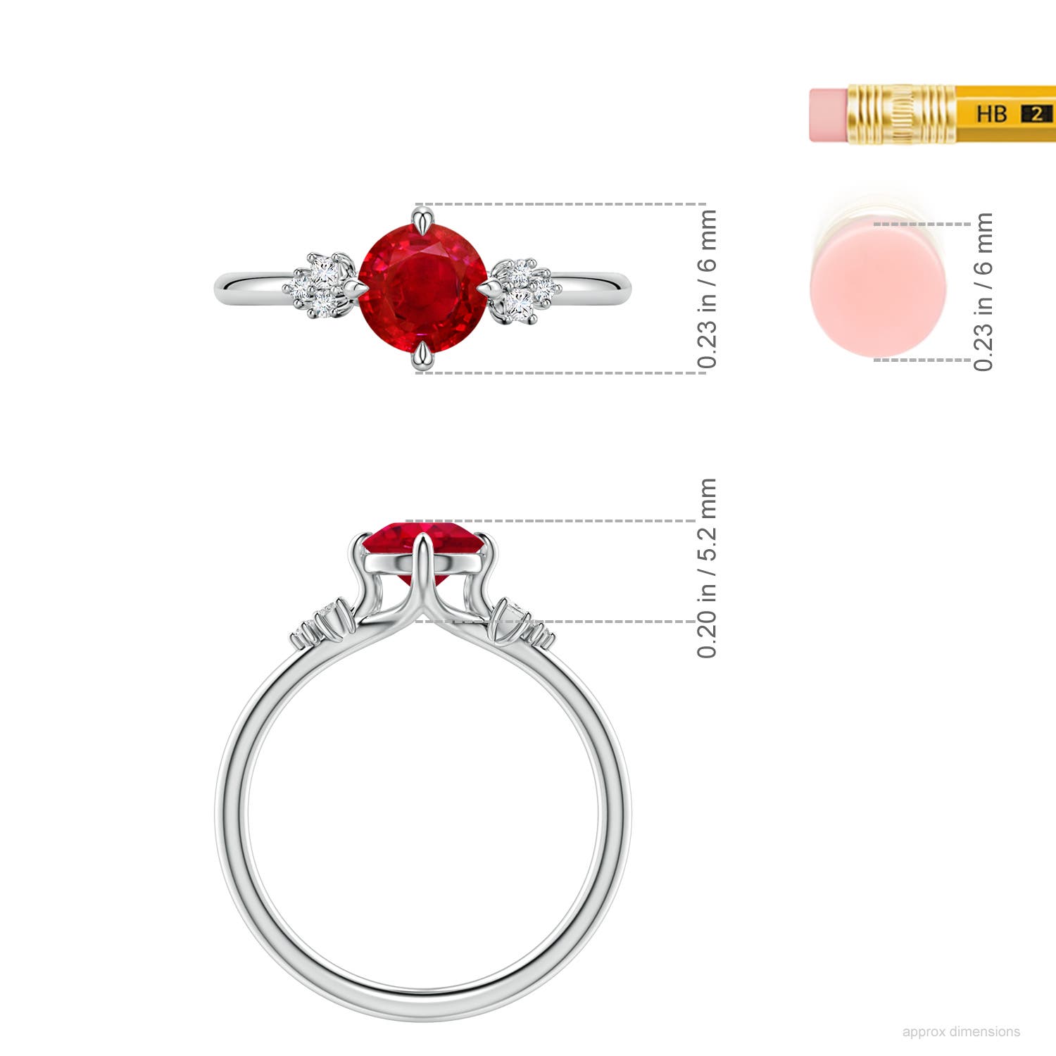 6mm AAA Round Ruby Engagement Ring with Mixed Cut Diamonds in White Gold - ruler