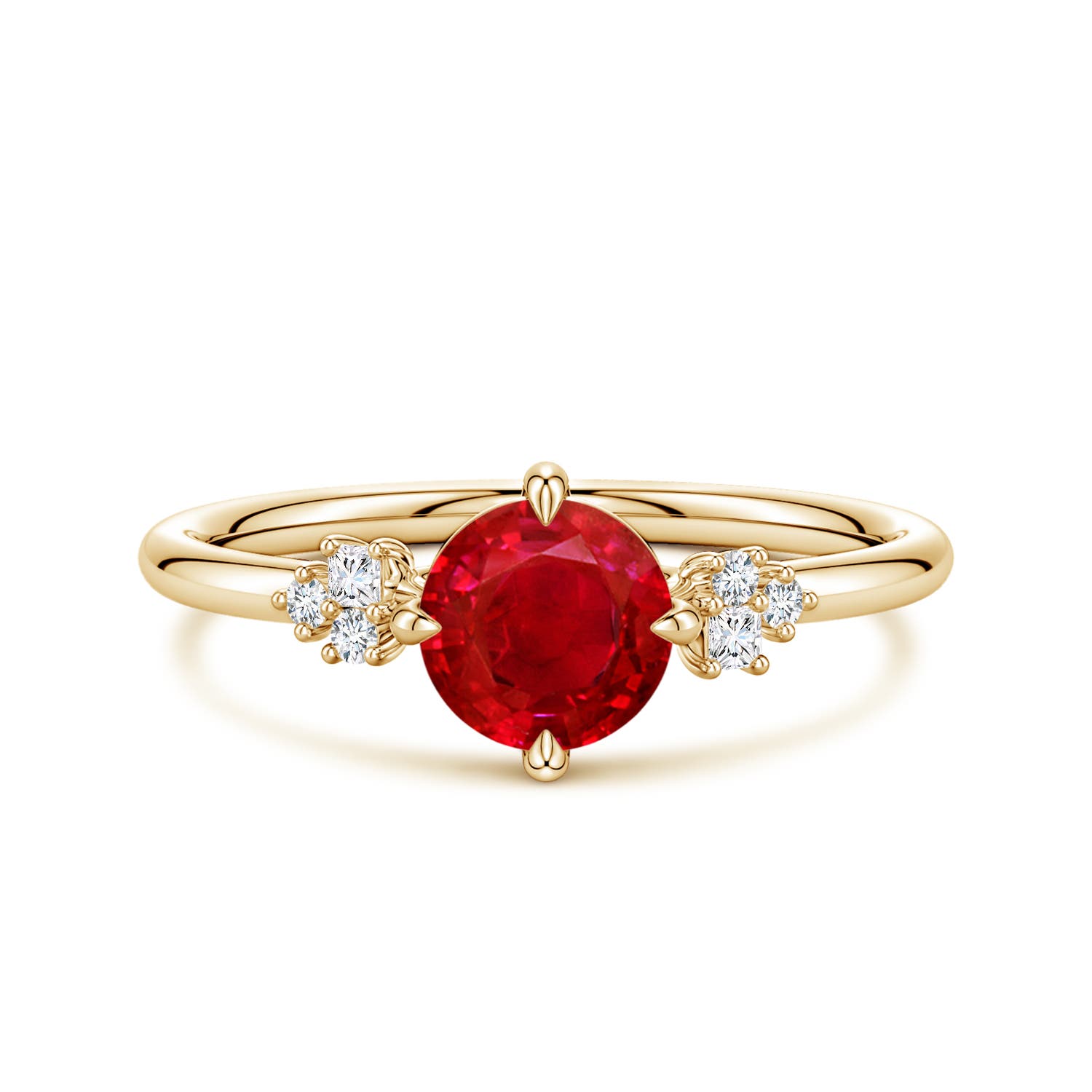 6mm AAA Round Ruby Engagement Ring with Mixed Cut Diamonds in Yellow Gold
