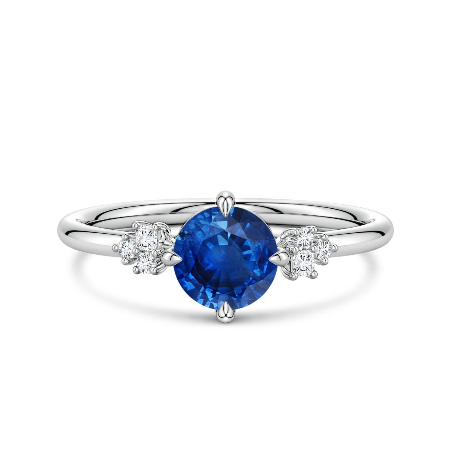 6mm AAA Round Blue Sapphire Engagement Ring with Mixed Cut Diamonds in 18CT White Gold