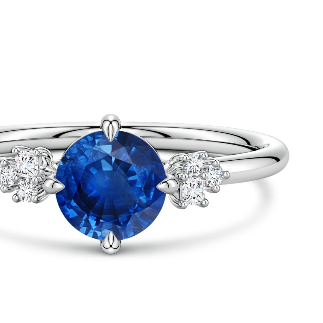 6mm AAA Round Blue Sapphire Engagement Ring with Mixed Cut Diamonds in White Gold - side 4