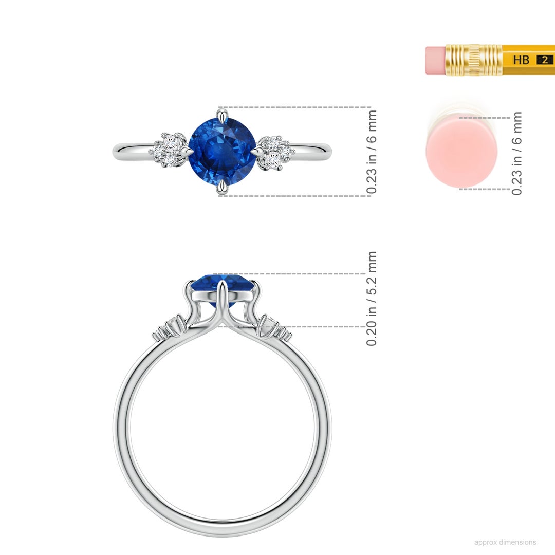 6mm AAA Round Blue Sapphire Engagement Ring with Mixed Cut Diamonds in White Gold - ruler