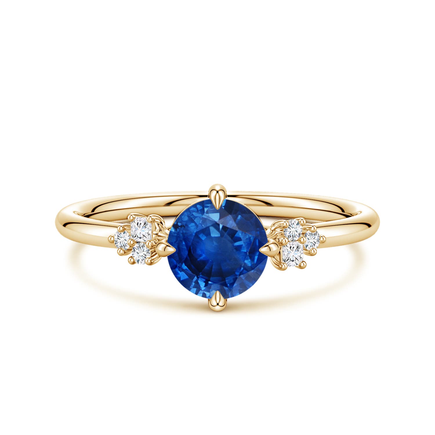 6mm AAA Round Blue Sapphire Engagement Ring with Mixed Cut Diamonds in Yellow Gold