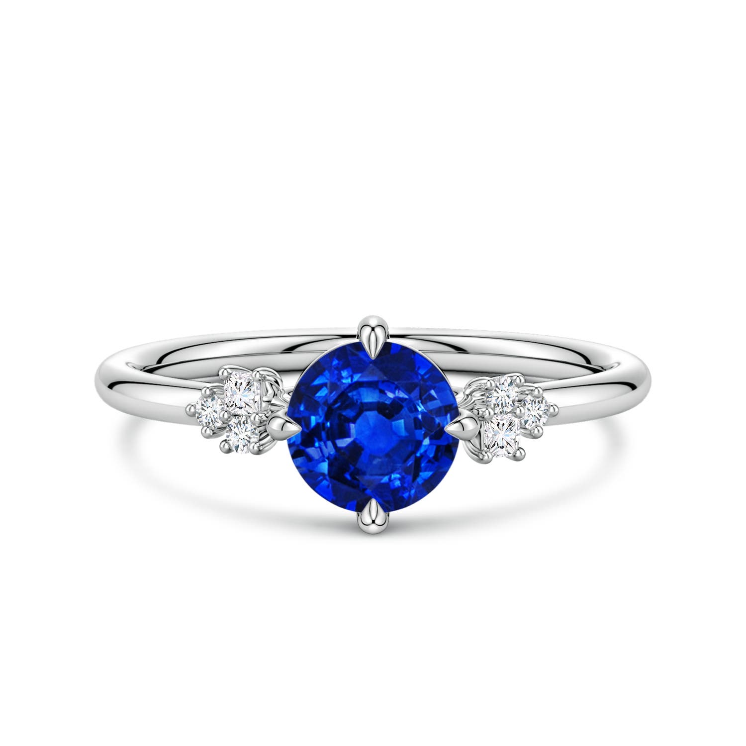 6mm AAAA Round Blue Sapphire Engagement Ring with Mixed Cut Diamonds in White Gold