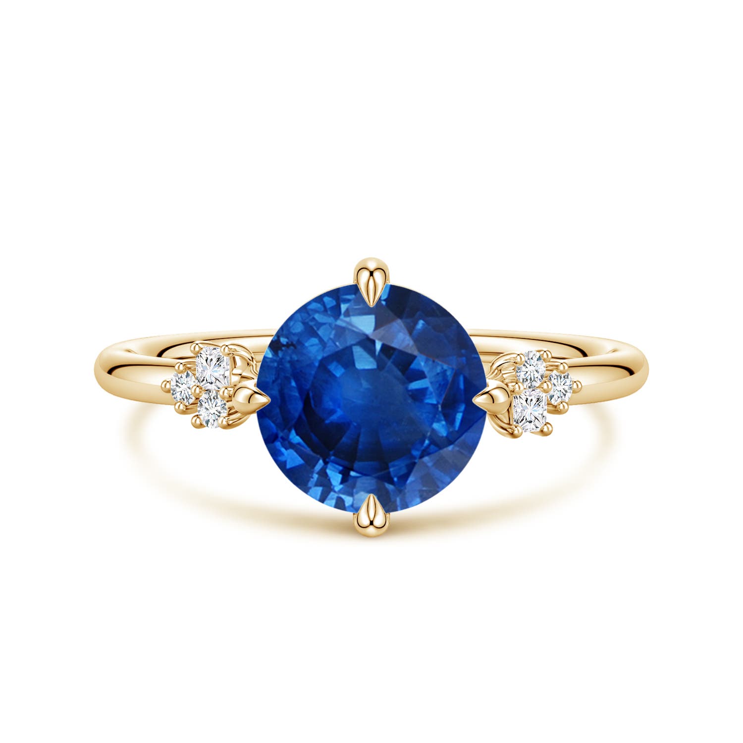 8mm AAA Round Blue Sapphire Engagement Ring with Mixed Cut Diamonds in Yellow Gold