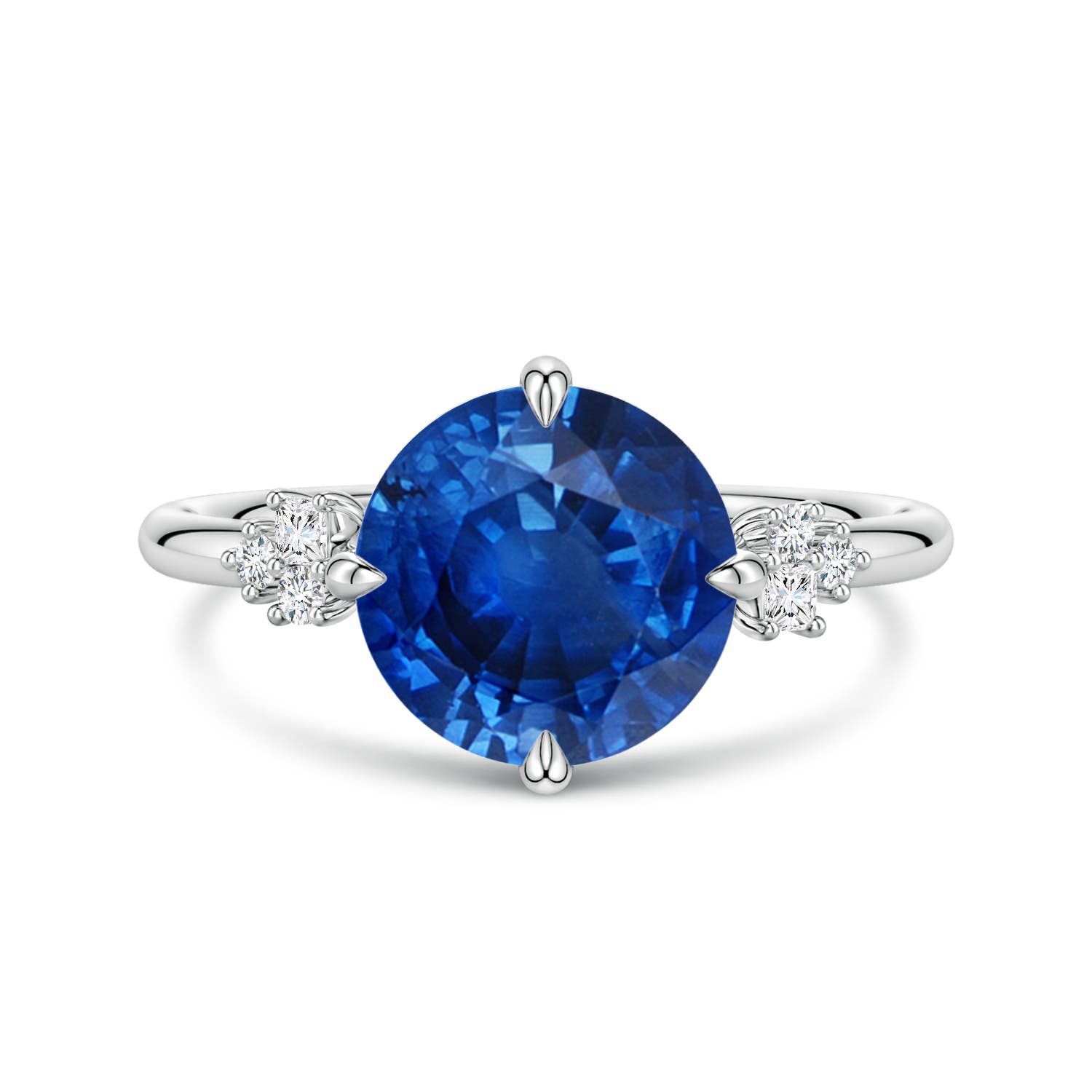 9mm AAA Round Blue Sapphire Engagement Ring with Mixed Cut Diamonds in White Gold