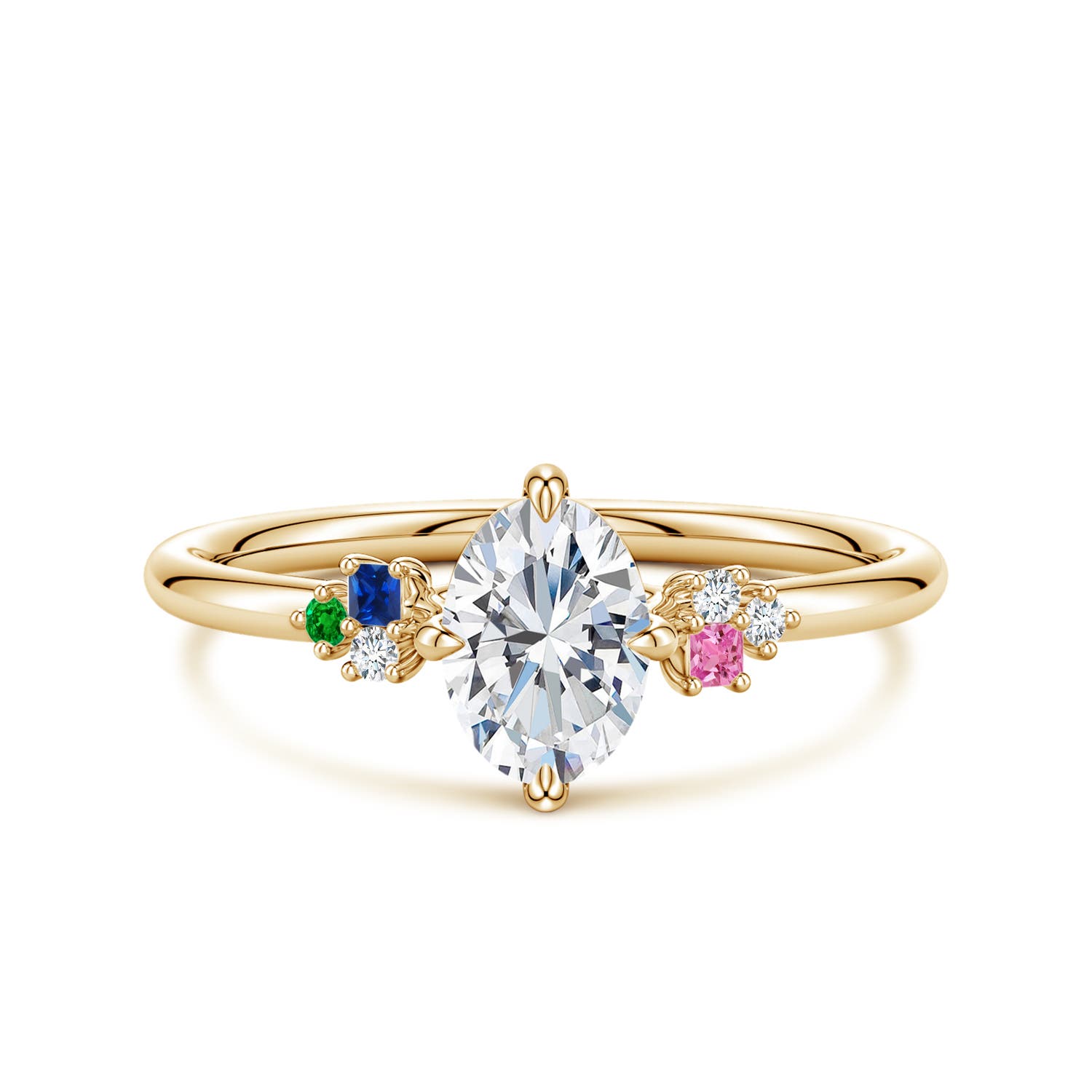 7x5mm GVS2 Oval Diamond Engagement Ring with Coloured Gemstone Accents in Yellow Gold
