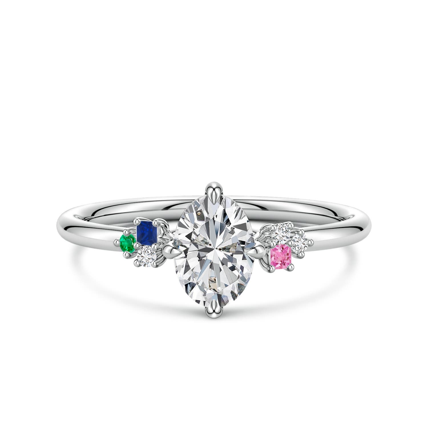 7x5mm HSI2 Oval Diamond Engagement Ring with Coloured Gemstone Accents in White Gold