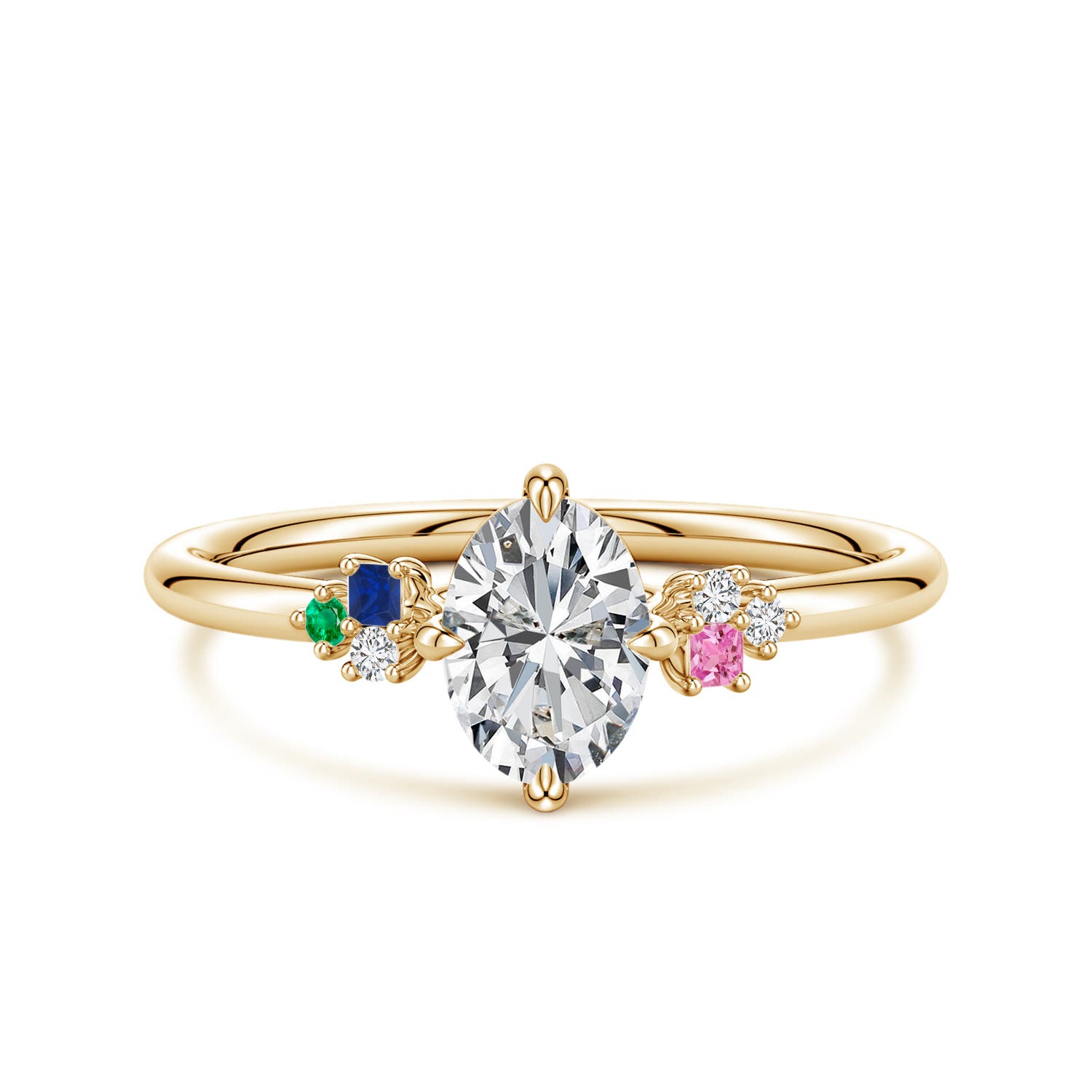 7x5mm HSI2 Oval Diamond Engagement Ring with Coloured Gemstone Accents in Yellow Gold