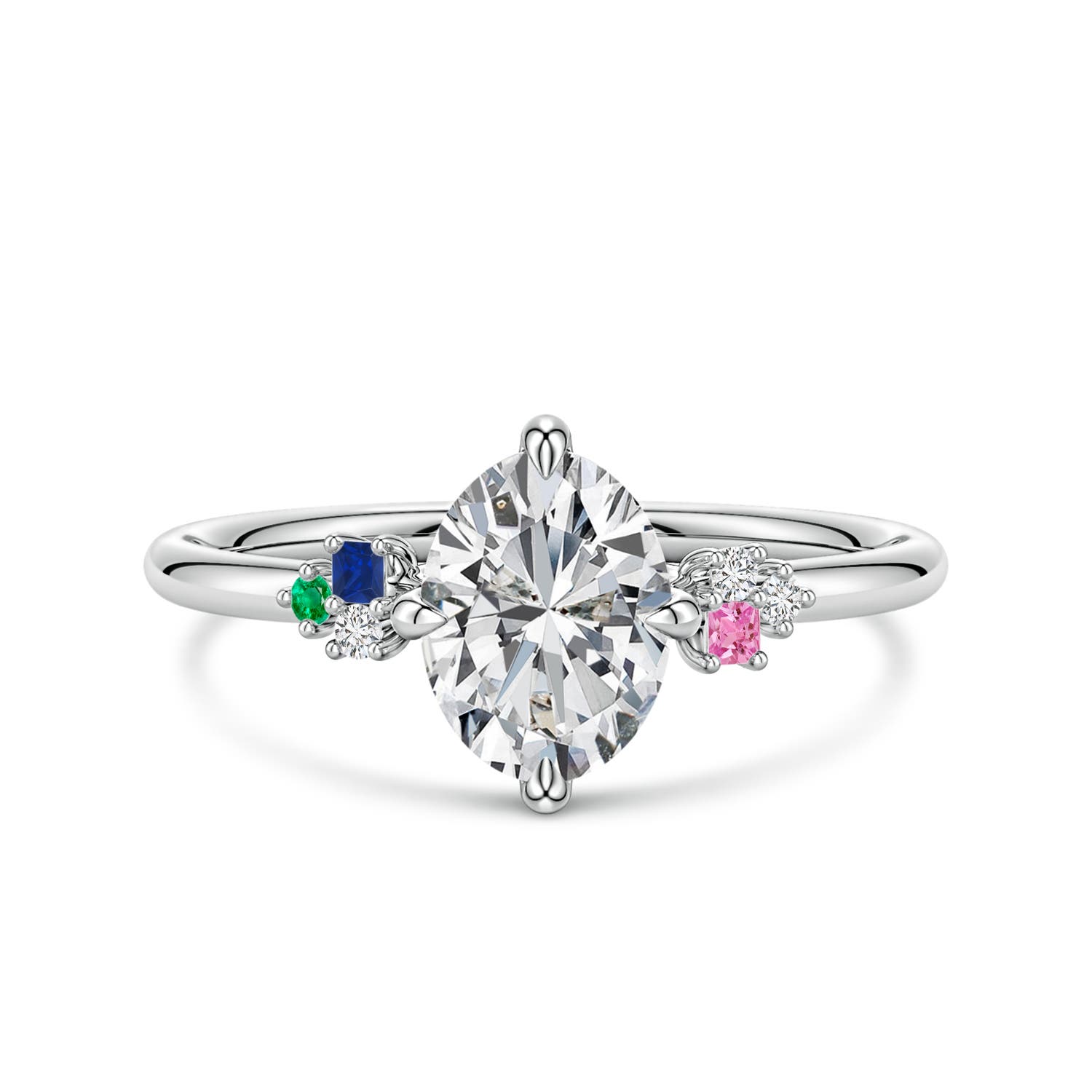 8x6mm HSI2 Oval Diamond Engagement Ring with Coloured Gemstone Accents in White Gold