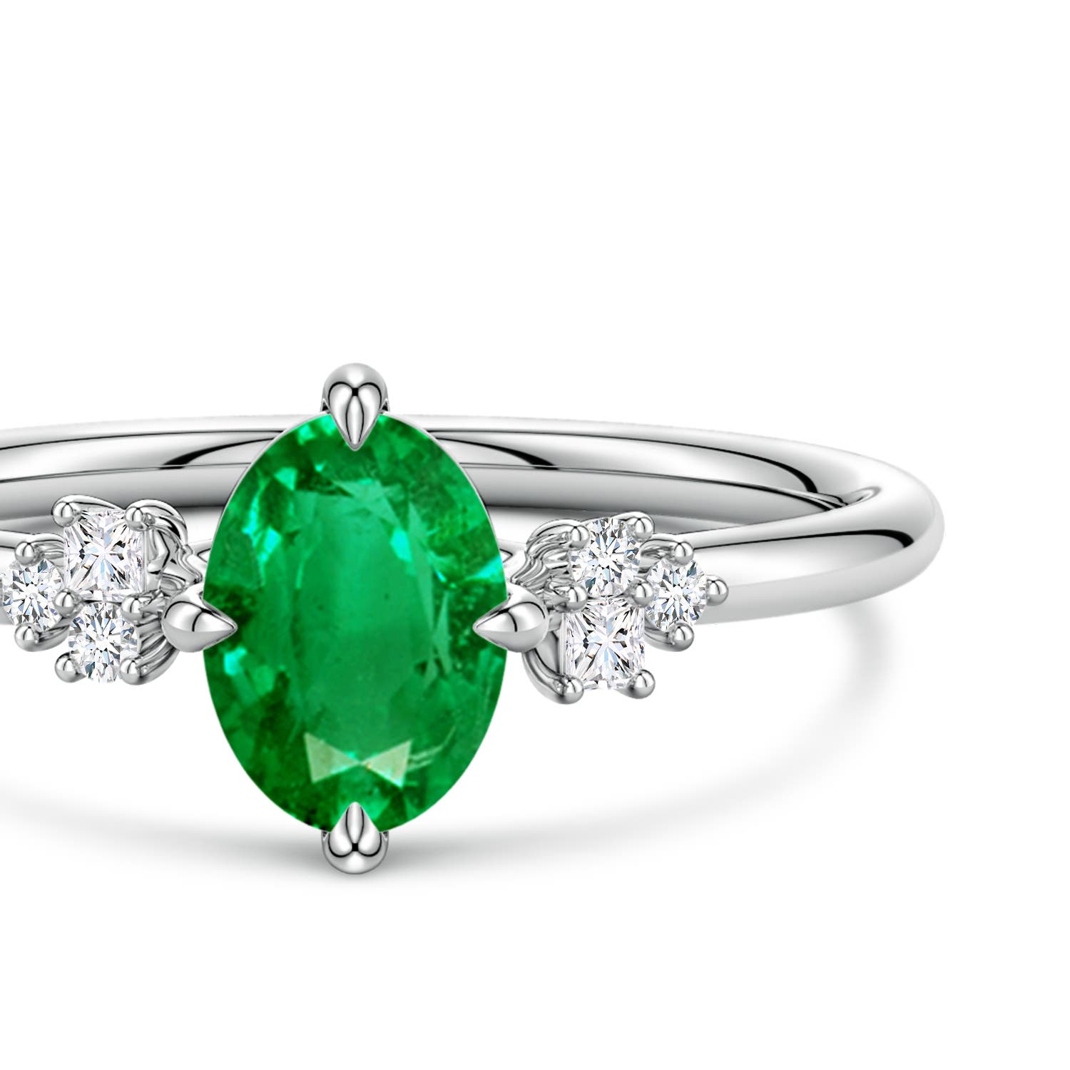 7x5mm AAA Oval Emerald Engagement Ring with Mixed Cut Diamonds in White Gold - side 4