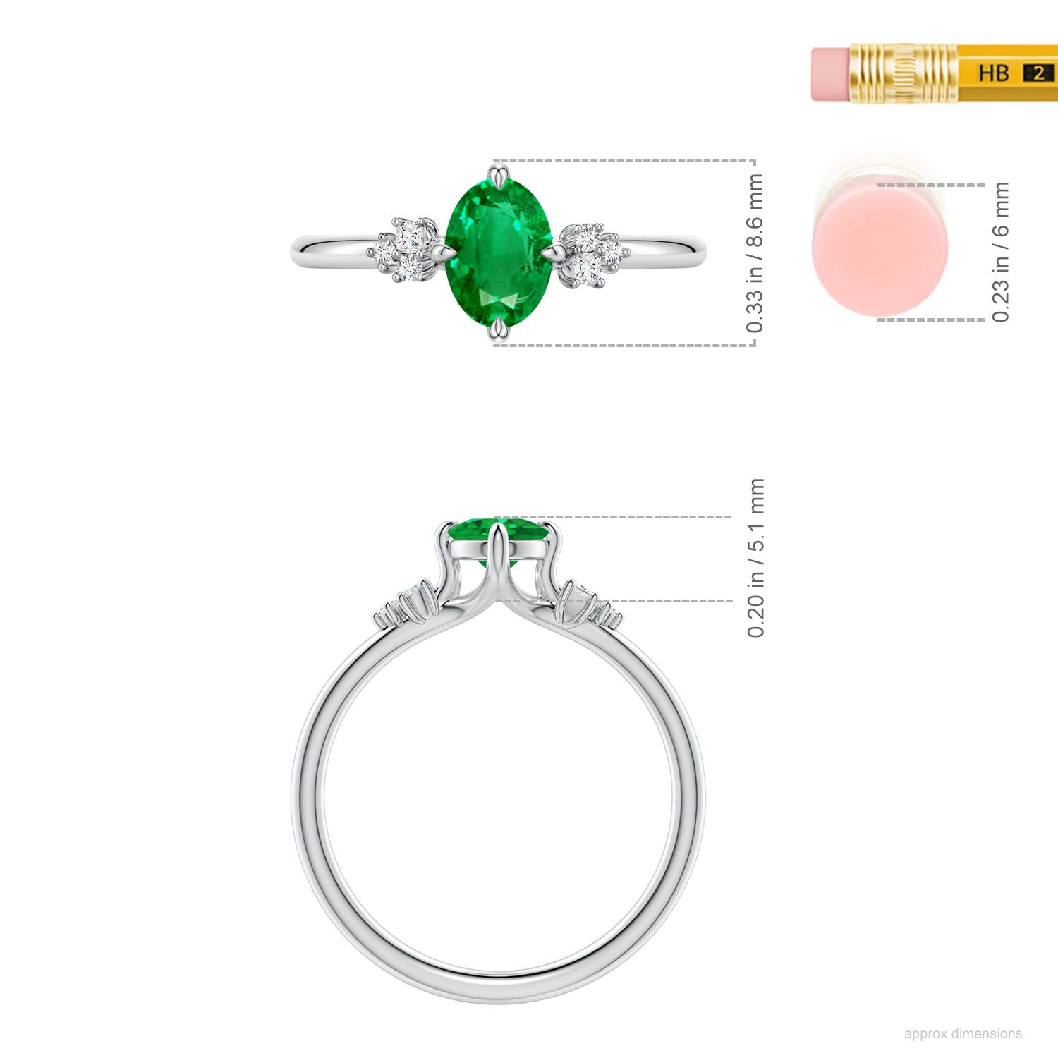 7x5mm AAA Oval Emerald Engagement Ring with Mixed Cut Diamonds in White Gold - ruler