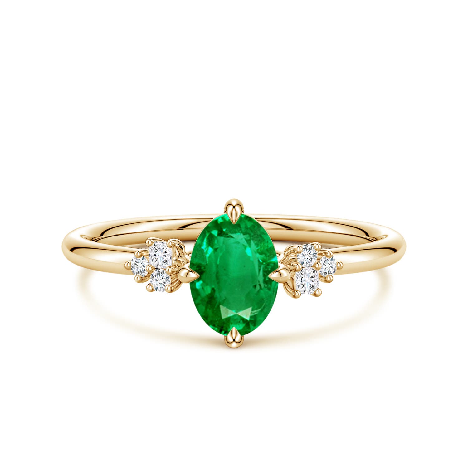 7x5mm AAA Oval Emerald Engagement Ring with Mixed Cut Diamonds in Yellow Gold