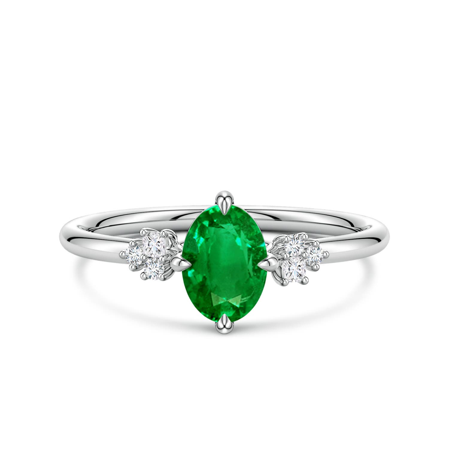 7x5mm AAAA Oval Emerald Engagement Ring with Mixed Cut Diamonds in White Gold