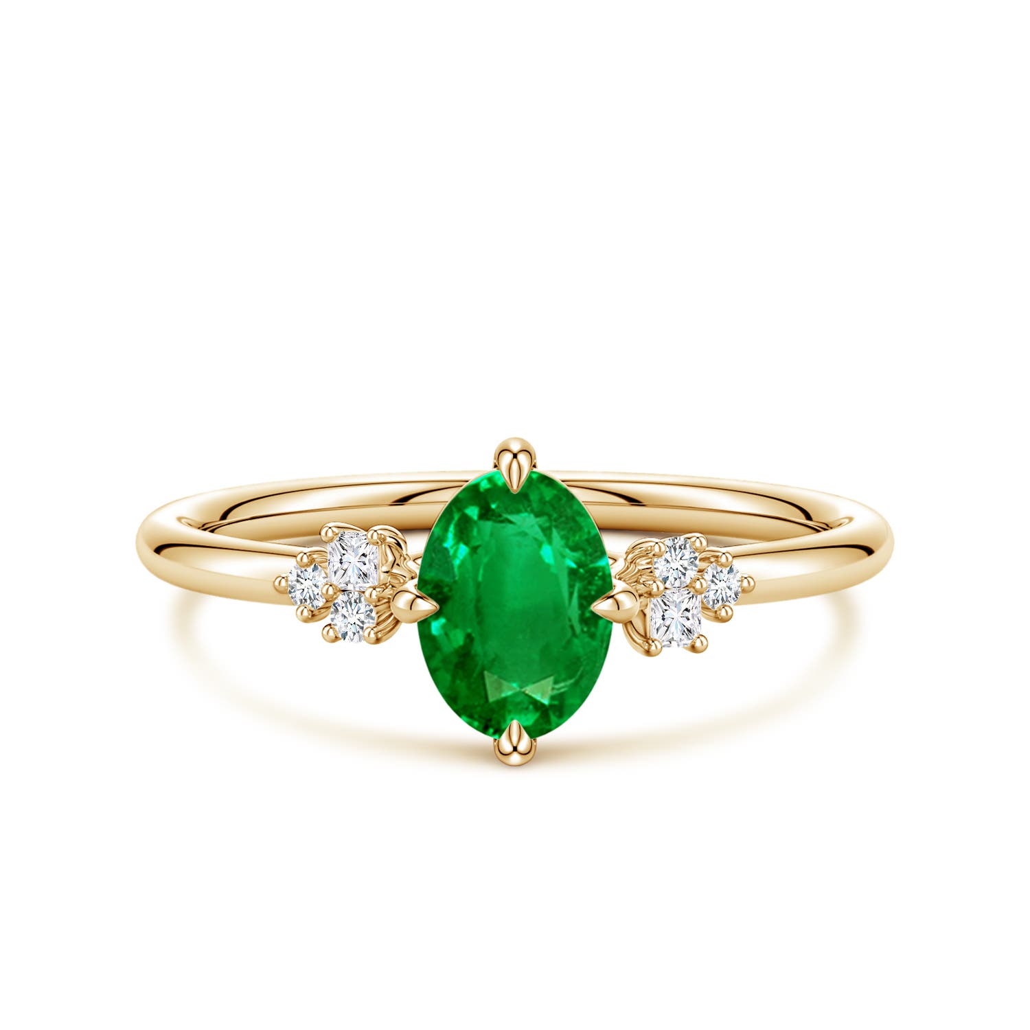 7x5mm AAAA Oval Emerald Engagement Ring with Mixed Cut Diamonds in Yellow Gold