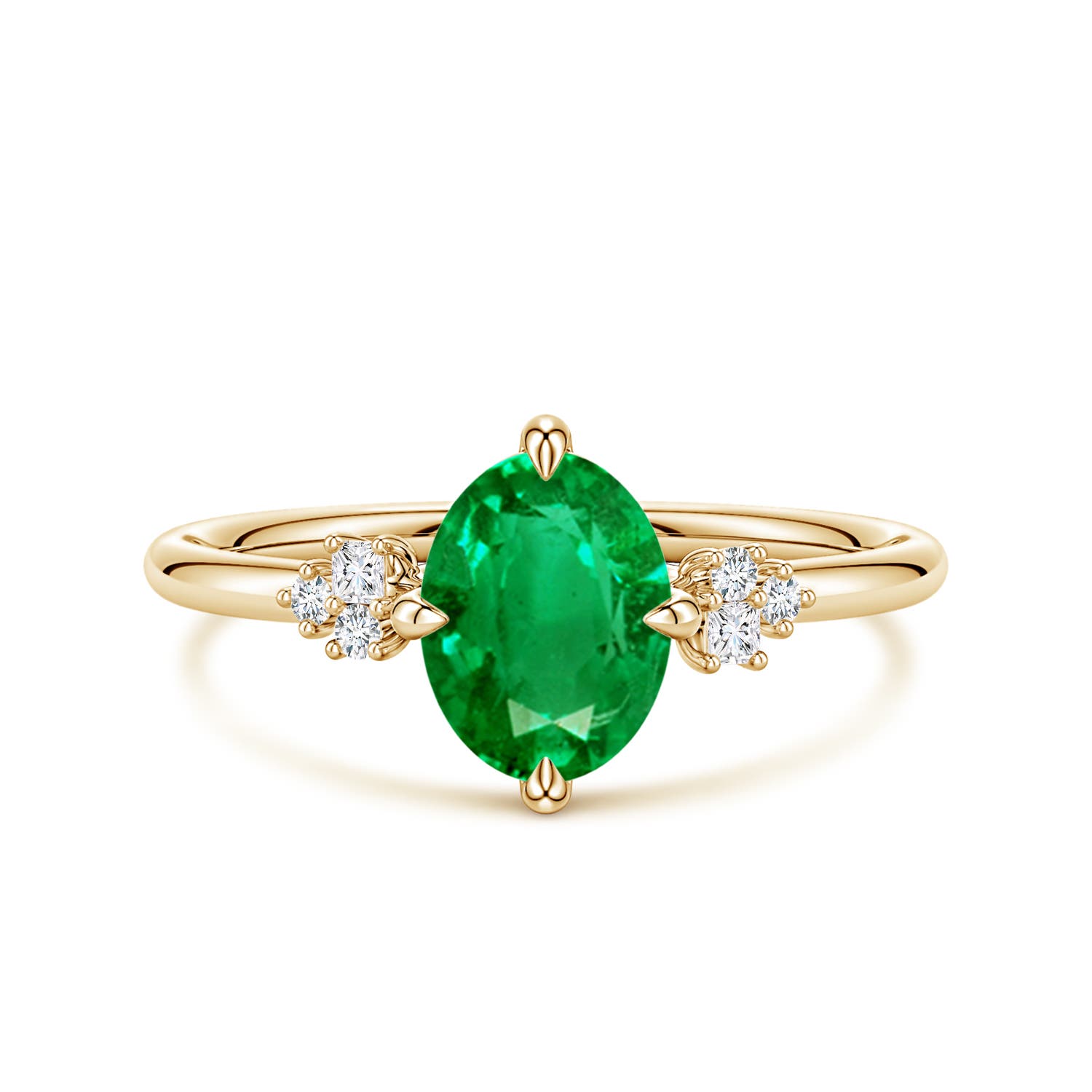 8x6mm AAA Oval Emerald Engagement Ring with Mixed Cut Diamonds in Yellow Gold